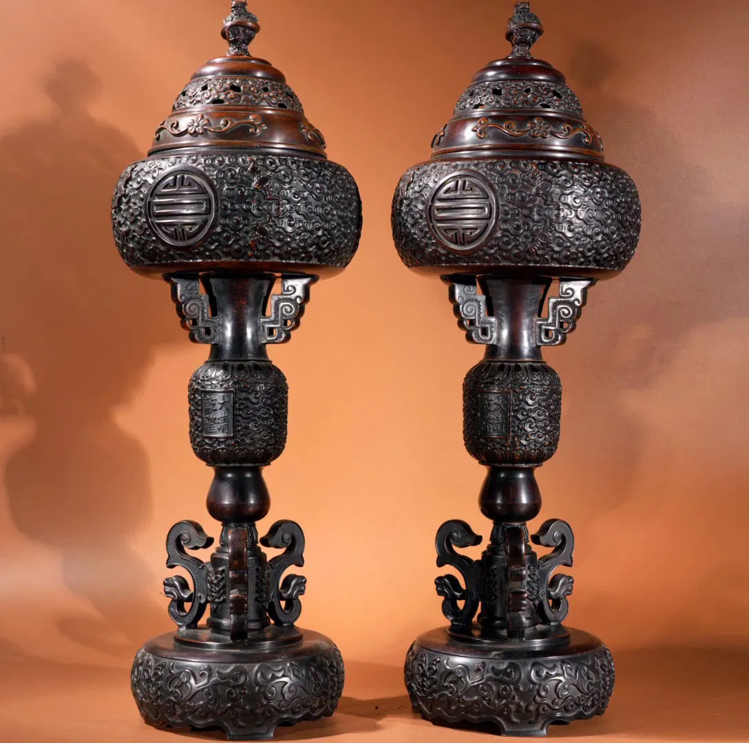 A Pair of Rare Bronze Auspicious Cloud and Bats Pattern Tripod Censers