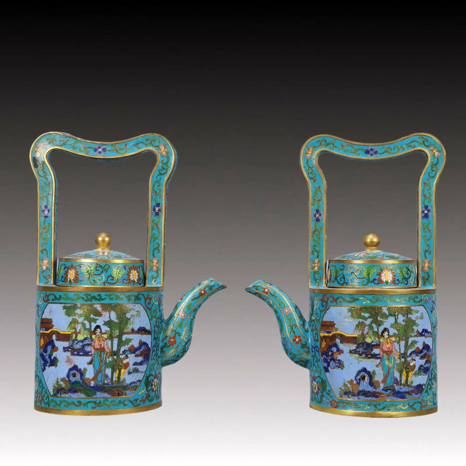 A Pair of Rare Cloisonne Figure Pattern Ewers