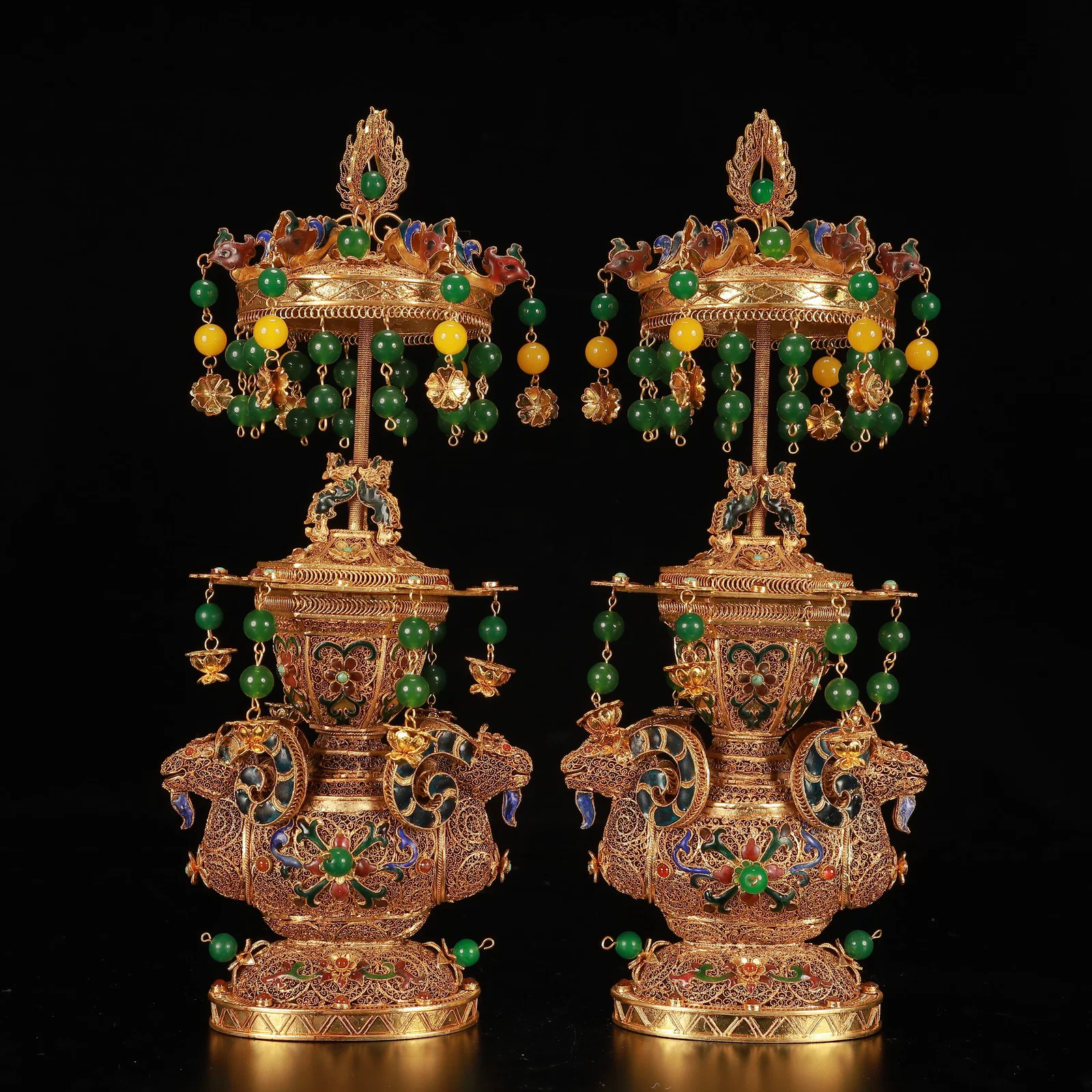A Pair of Rare Cloisonne Gilt Sheep Tower Ornaments,Inlaid Gems