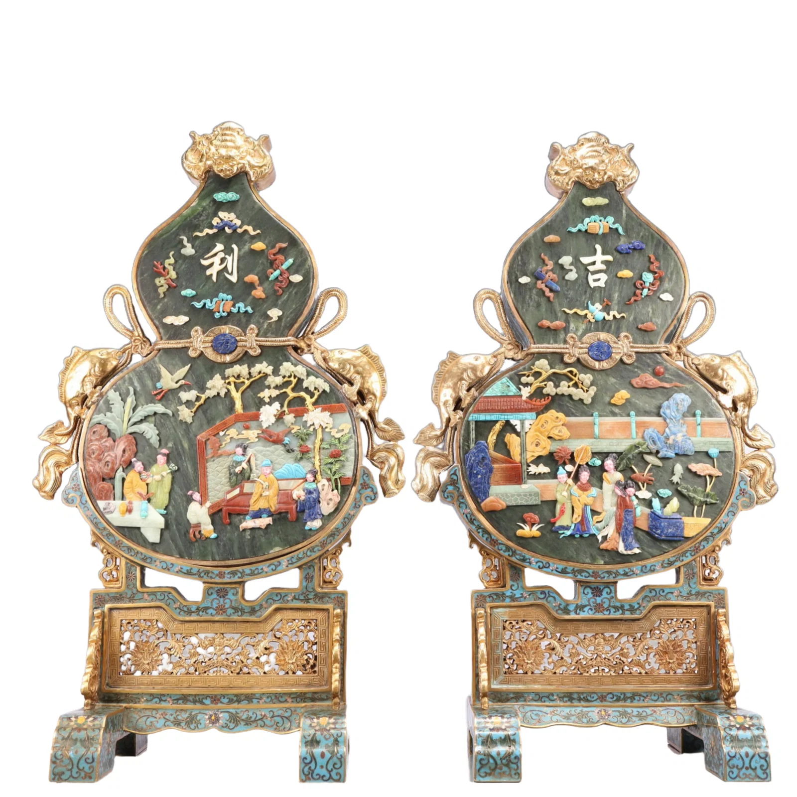 A Pair of Rare Cloisonne Inlaid Gems Character and Story Pattern Gourd-Shaped Table Screens,with