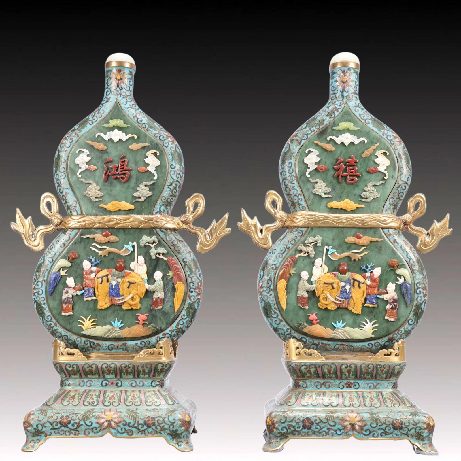 A Pair of Rare Cloisonne Inlaid Gems Figure Pattern Gourd-Shaped Table Screens,with poem