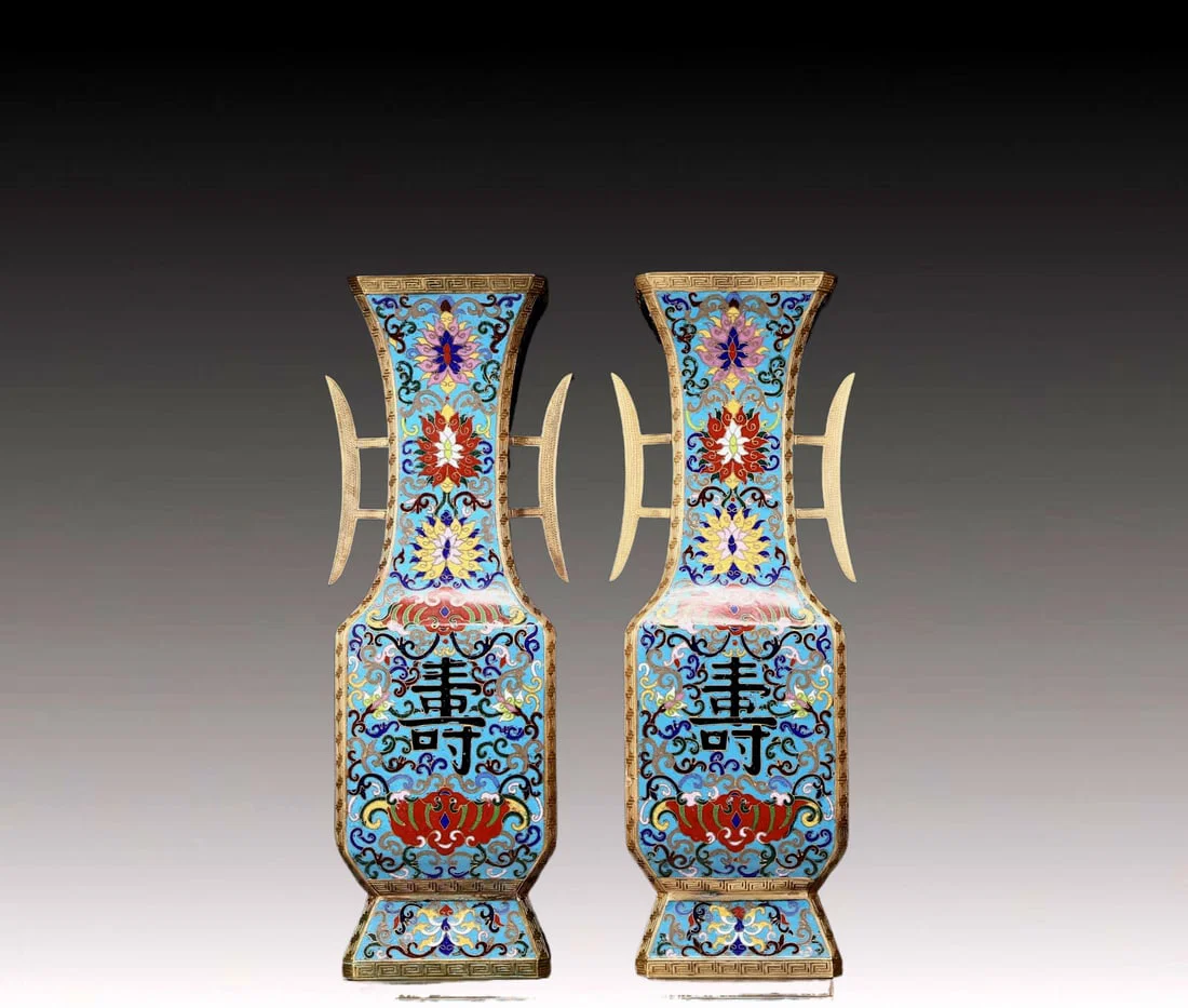 A Pair of Rare Cloisonne Lotus and Bats and Peach Pattern Vases