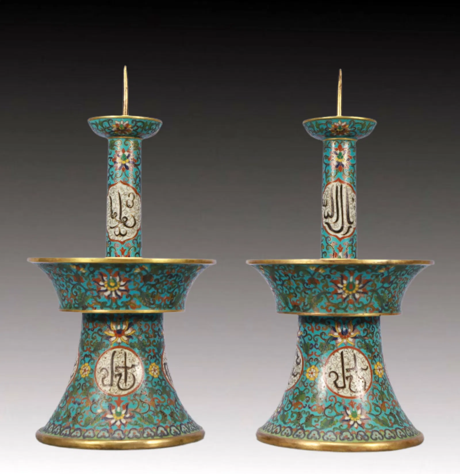 A Pair of Rare Cloisonne Lotus Pattern Candlesticks,With Sanskrit