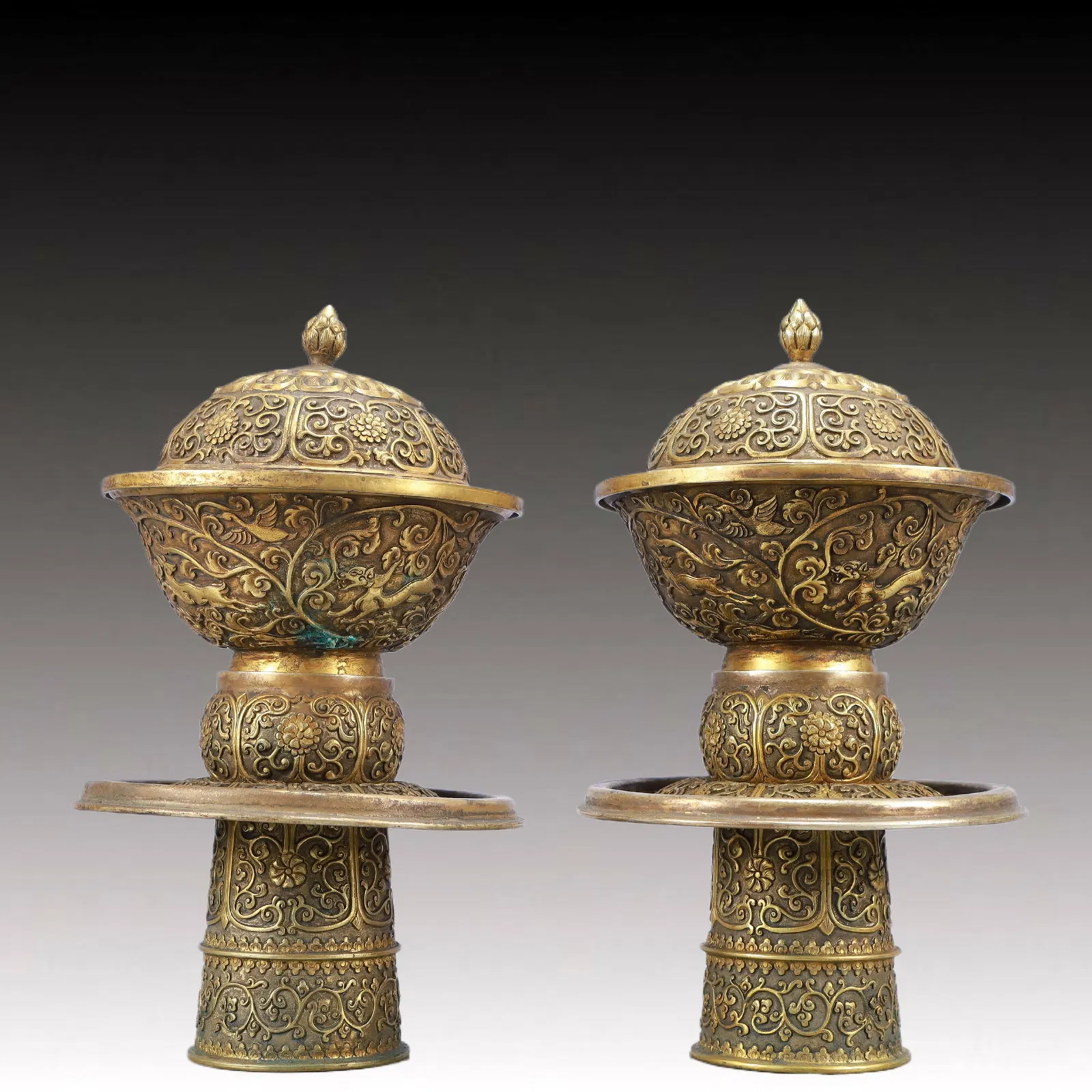 A Pair of Rare Gilt Bronze Auspicious Beast Pattern Cups