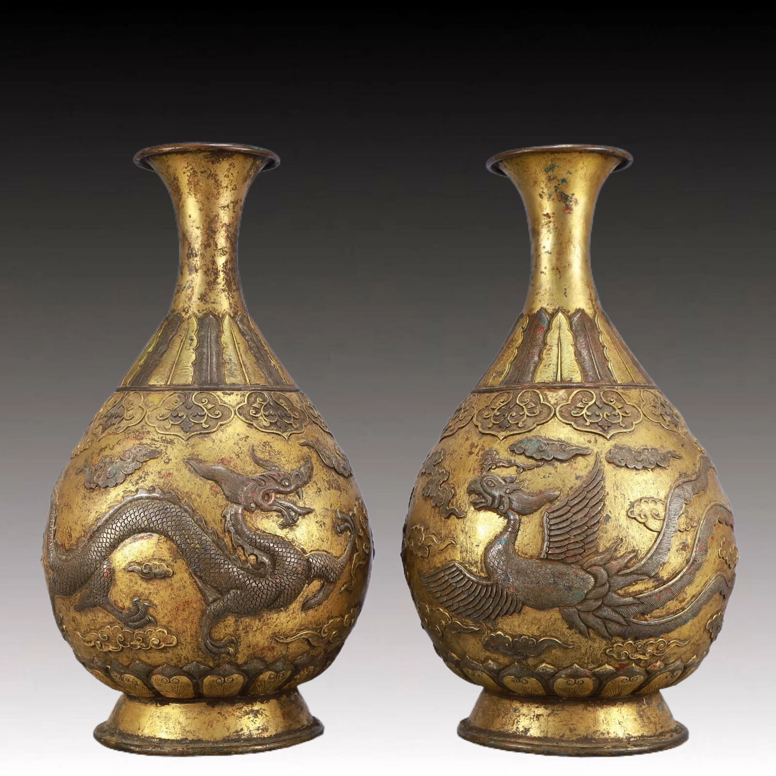 A Pair of Rare Gilt Bronze Dragon and Phoenix Pattern Vases