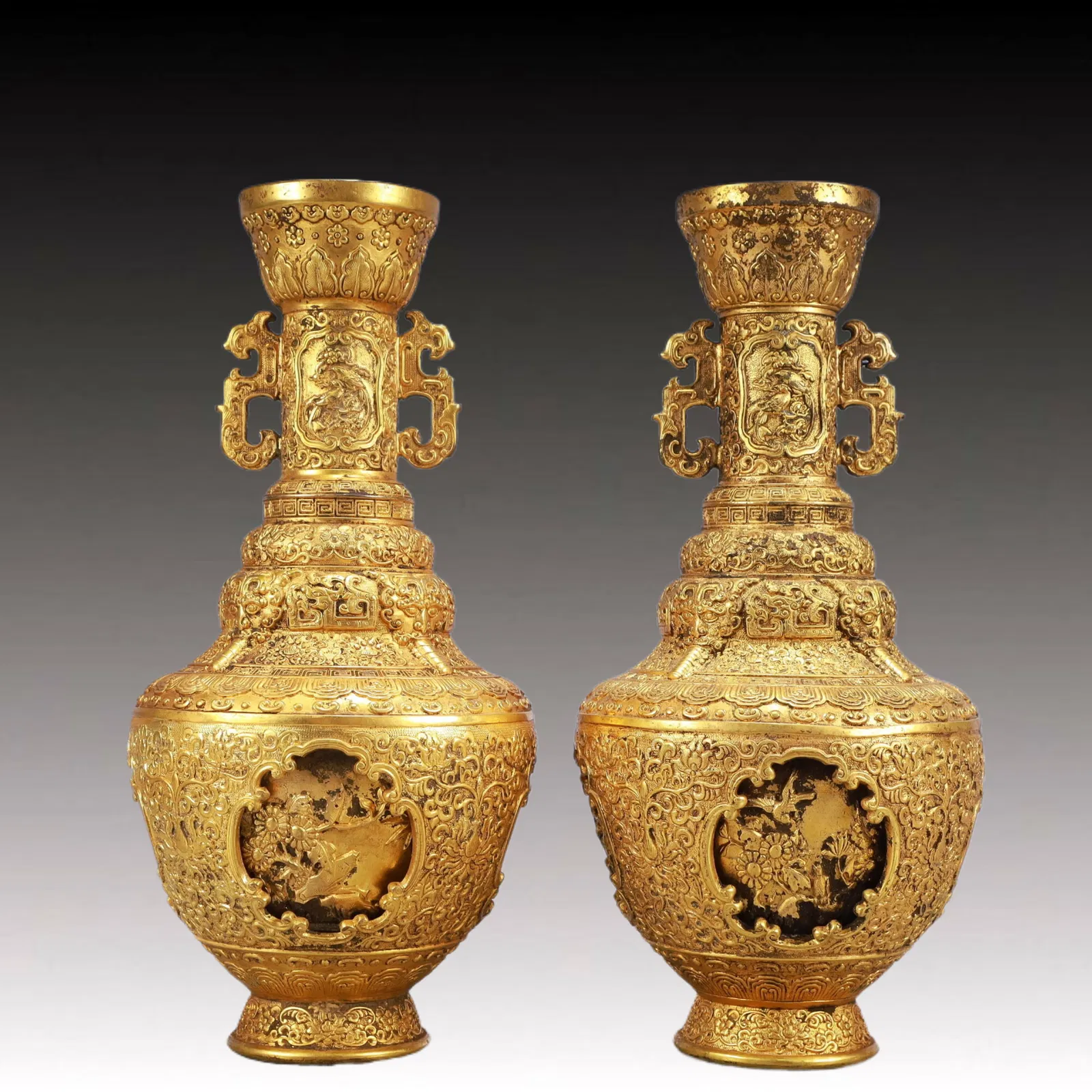 A Pair of Rare Gilt Bronze Flower and Bird Pattern Double-Ears Vases