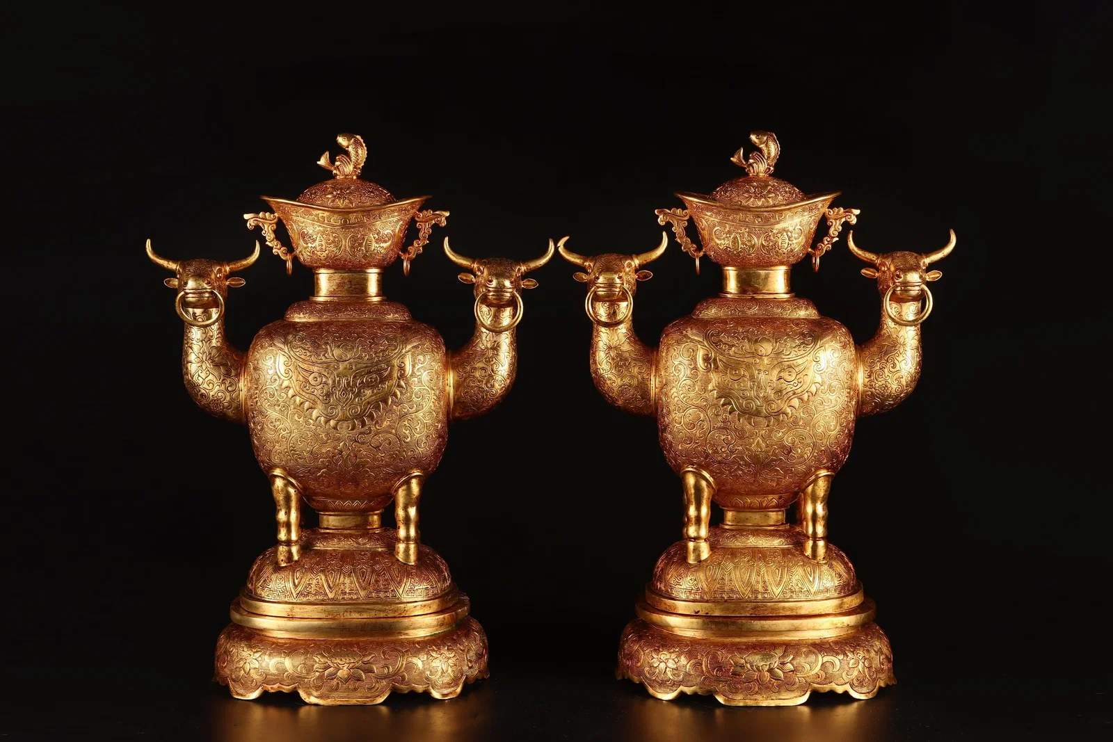 A Pair of Rare Gilt Bronze Lotus and Beast-Face Pattern Buffalo-Ears Censers