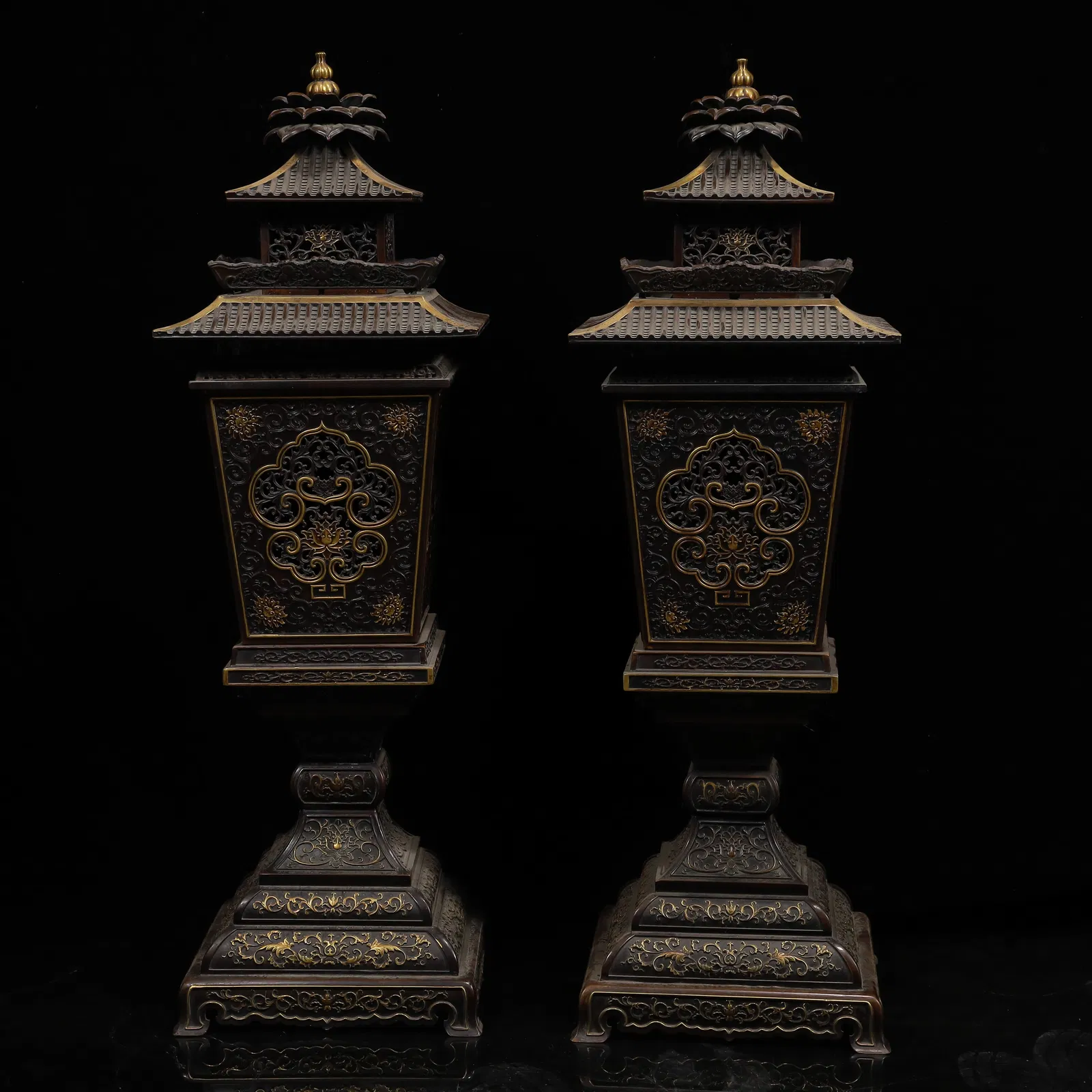 A Pair of Rare Gilt Bronze Lotus Pattern Palace Lanterns