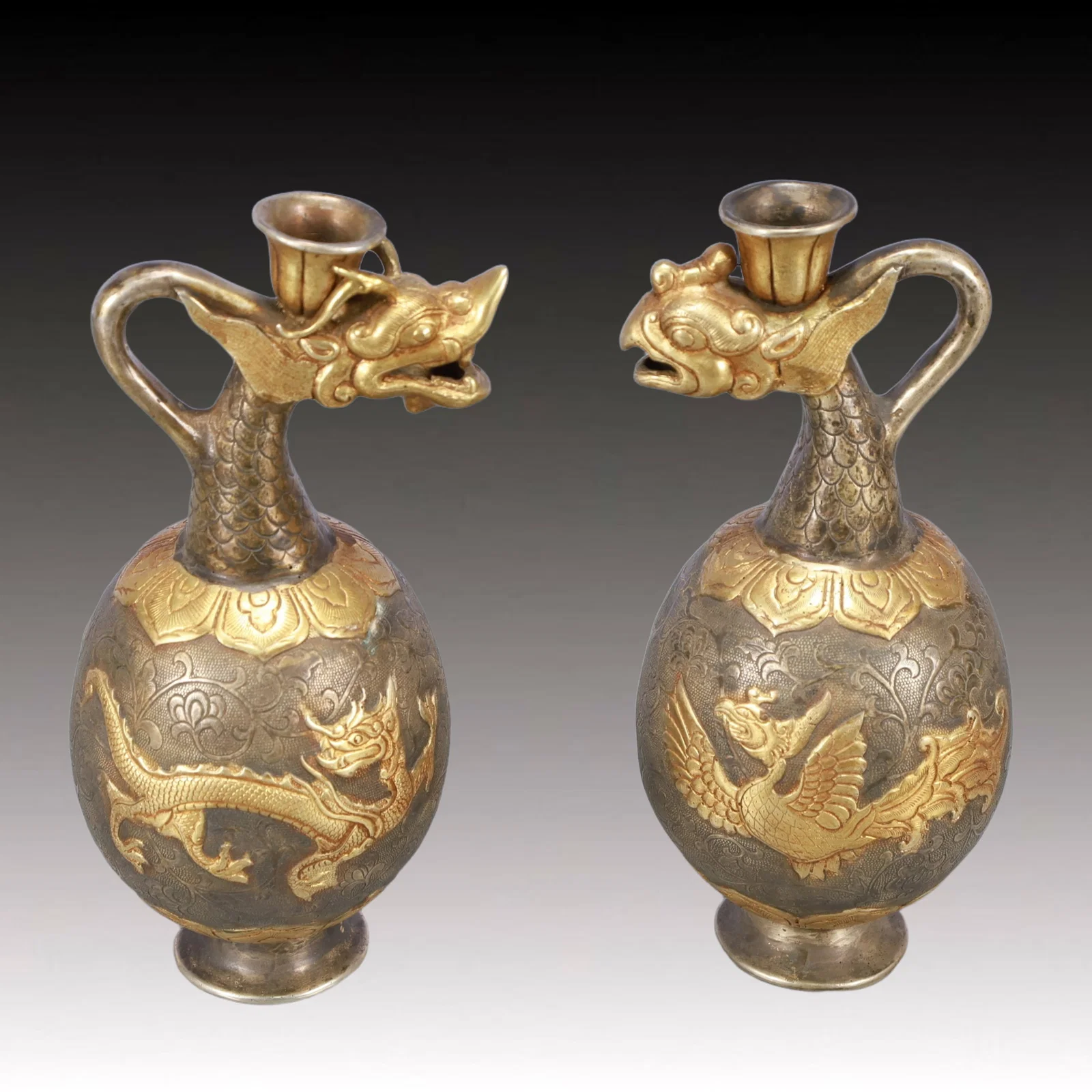 A Pair of Rare Gilt Silver Dragon and Phoenix Pattern Ewers
