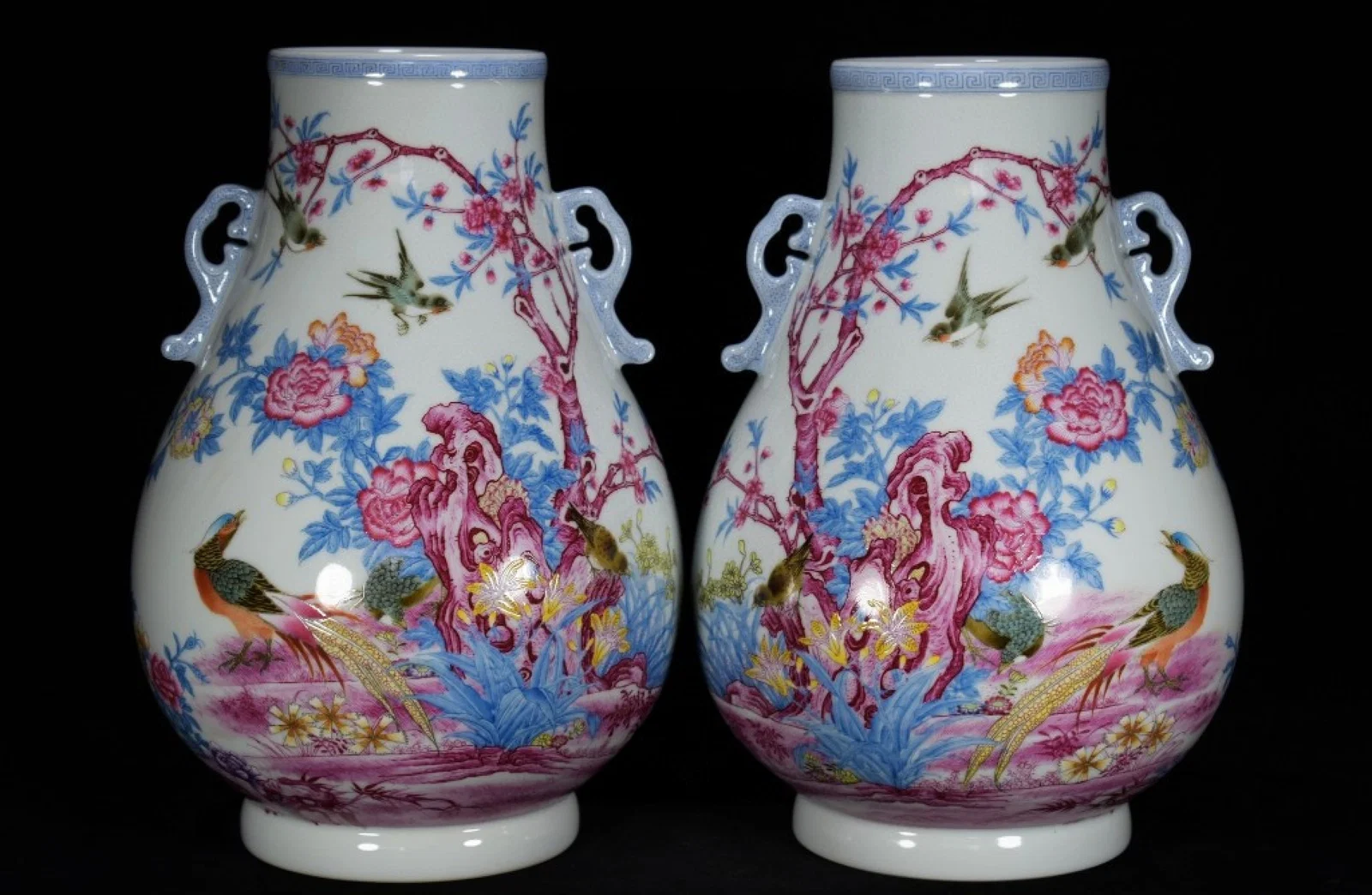 A Pair of Rare Ruby Red-Glazed Famille-Rose Flower and Bird Pattern Double-Ears Vases,With Poem
