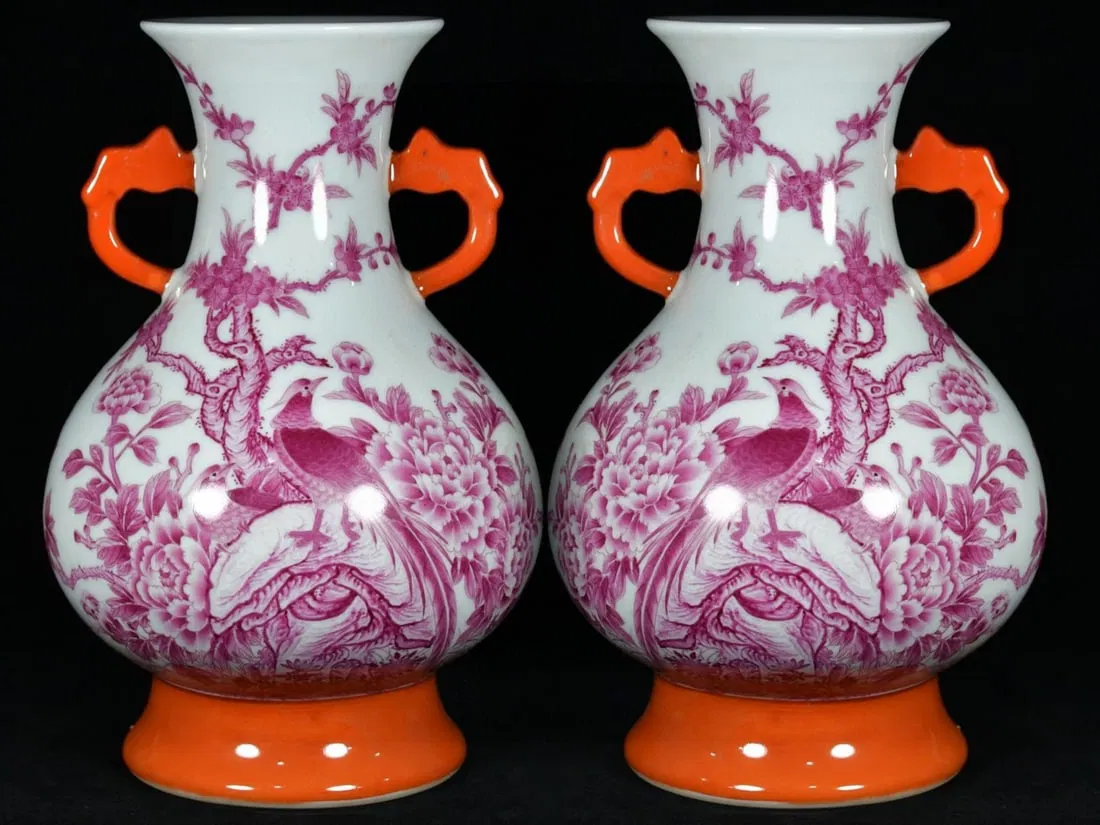 A Pair of Rare Ruby Red-Glazed Iron-Red Color Flower and Bird Pattern Double-Ears Vases,With Poem