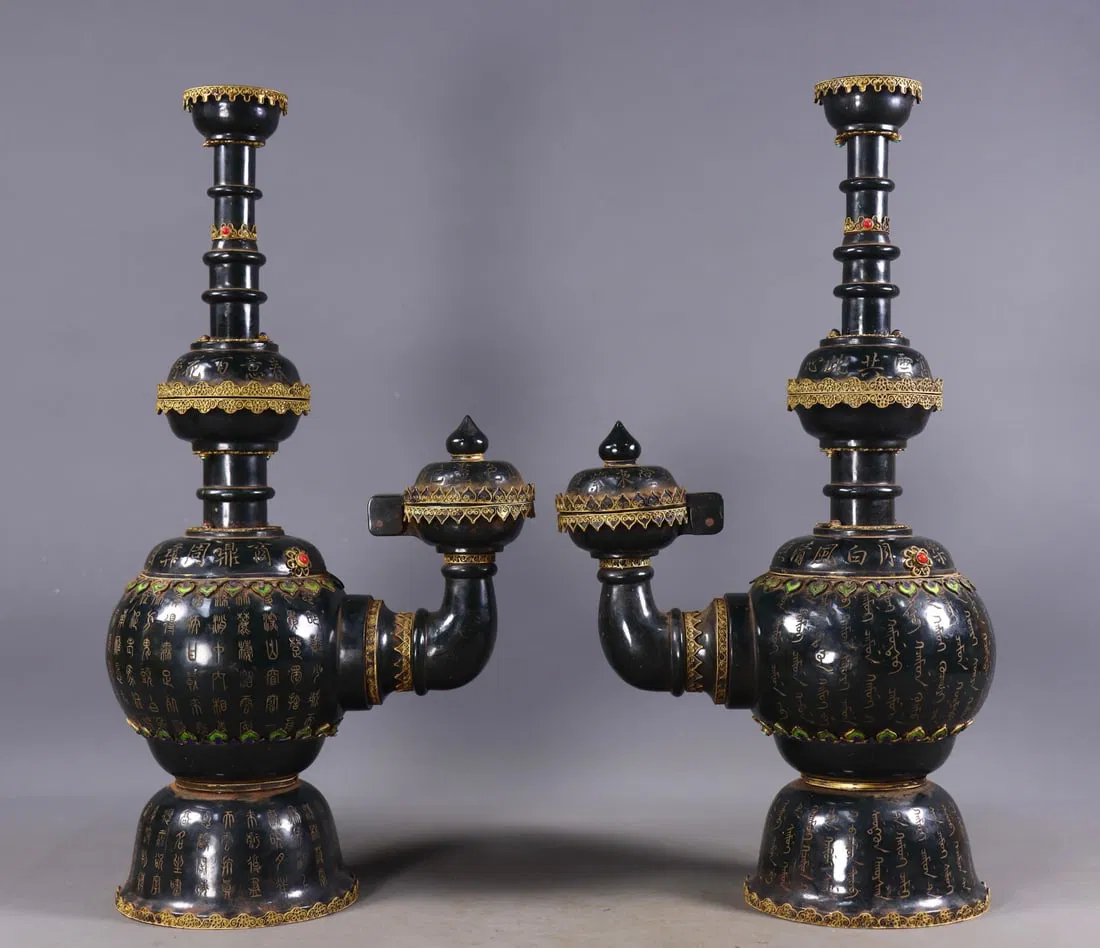 A Pair of Rare Sapphire Cover with Gold Poem Vases,Inlaid Gems