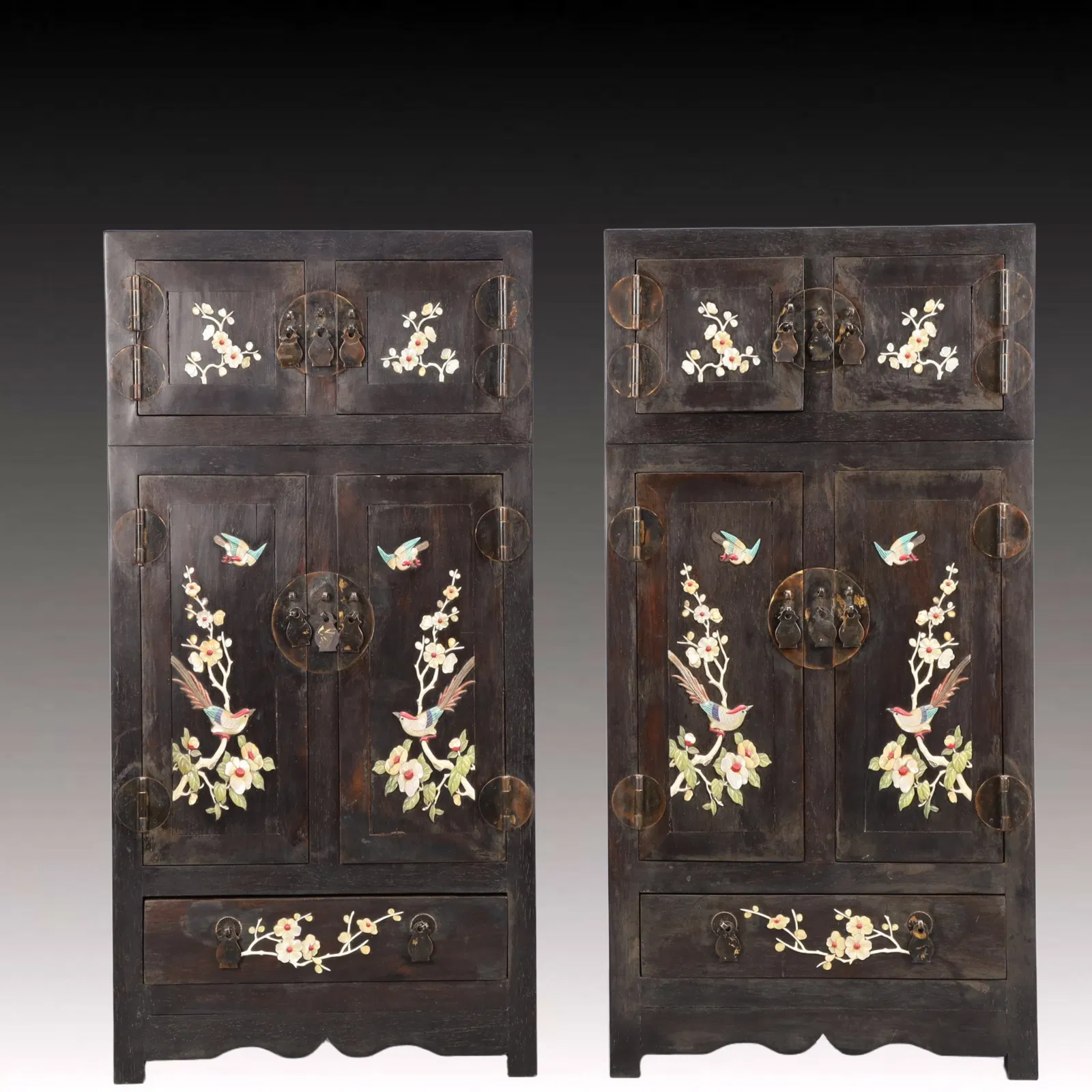 A Pair of Rare Zitanwood Inlaid Gems Flower and Bird Pattern Cabinets