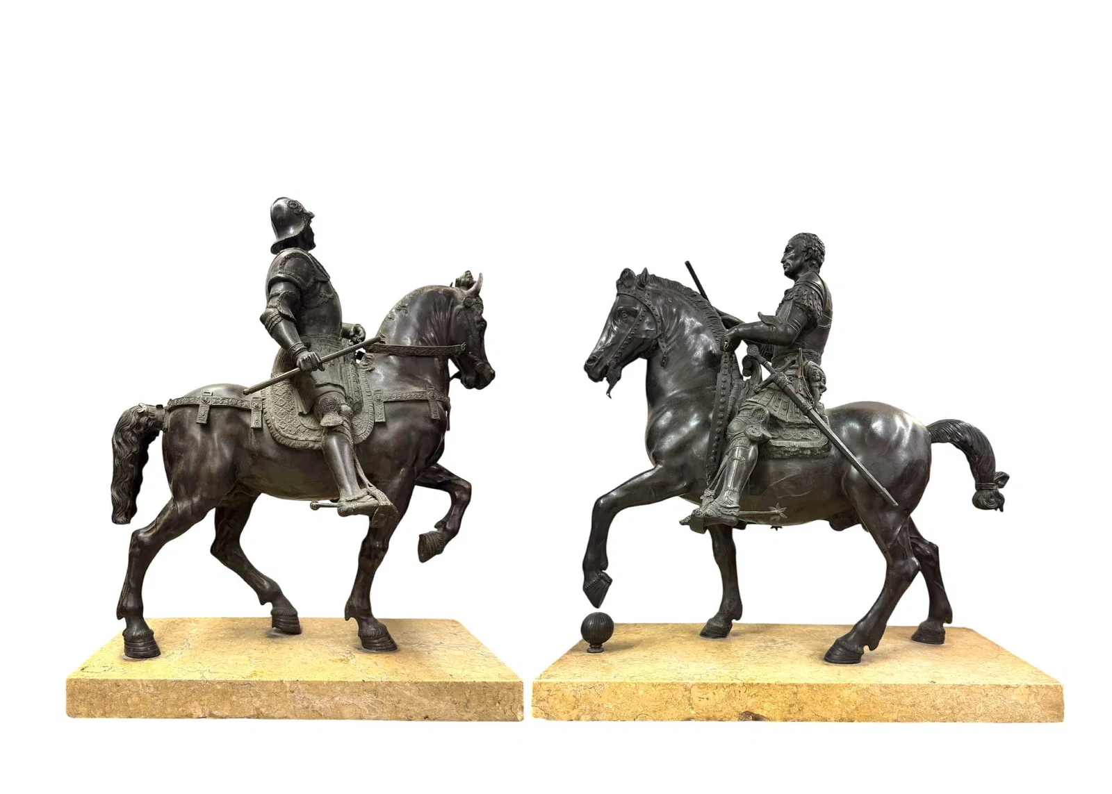 A Pair of Very Large Patented Bronze Equestrian Mounted On Marbles, France, Late 19th Century