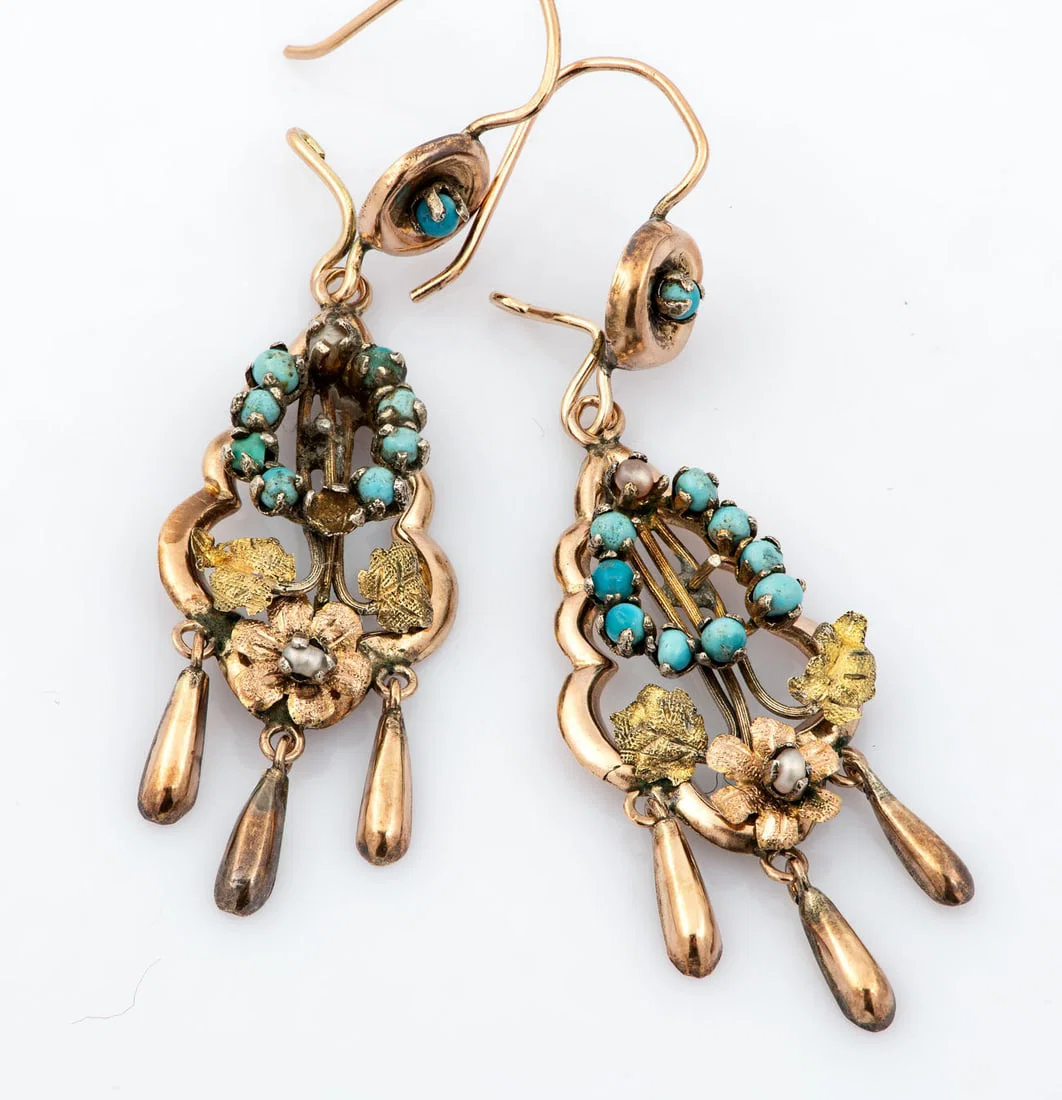 A Pair of Victorian 9K Gold Turquoise and Pearl Earrings, 19th Century