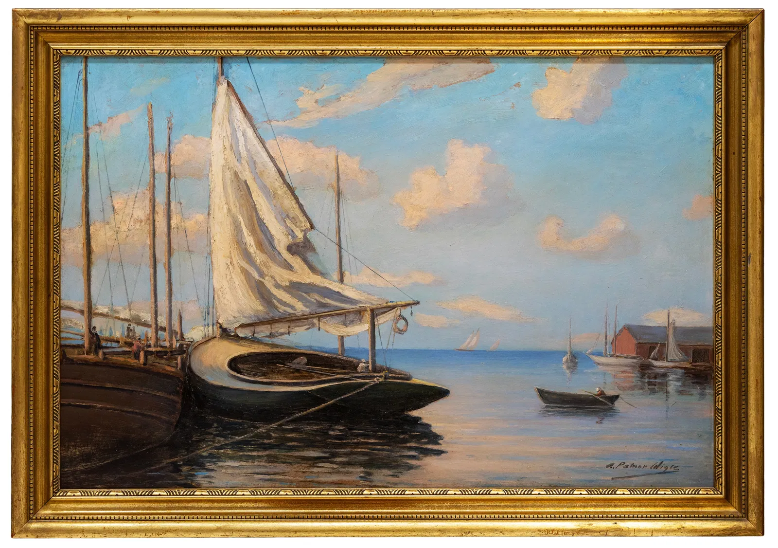A. Palmer Wigle (Canadian/American) Harbor Scene with Sailboats, Oil on Masonite