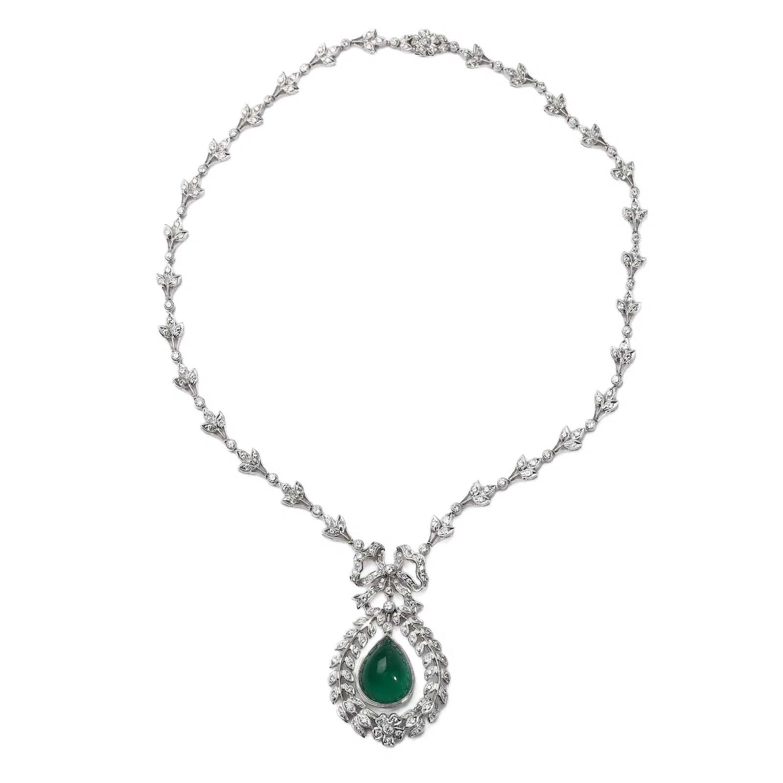 A PLATINUM AND DIAMOND NECKLACE SET WITH AN EMERALD CABOCHON