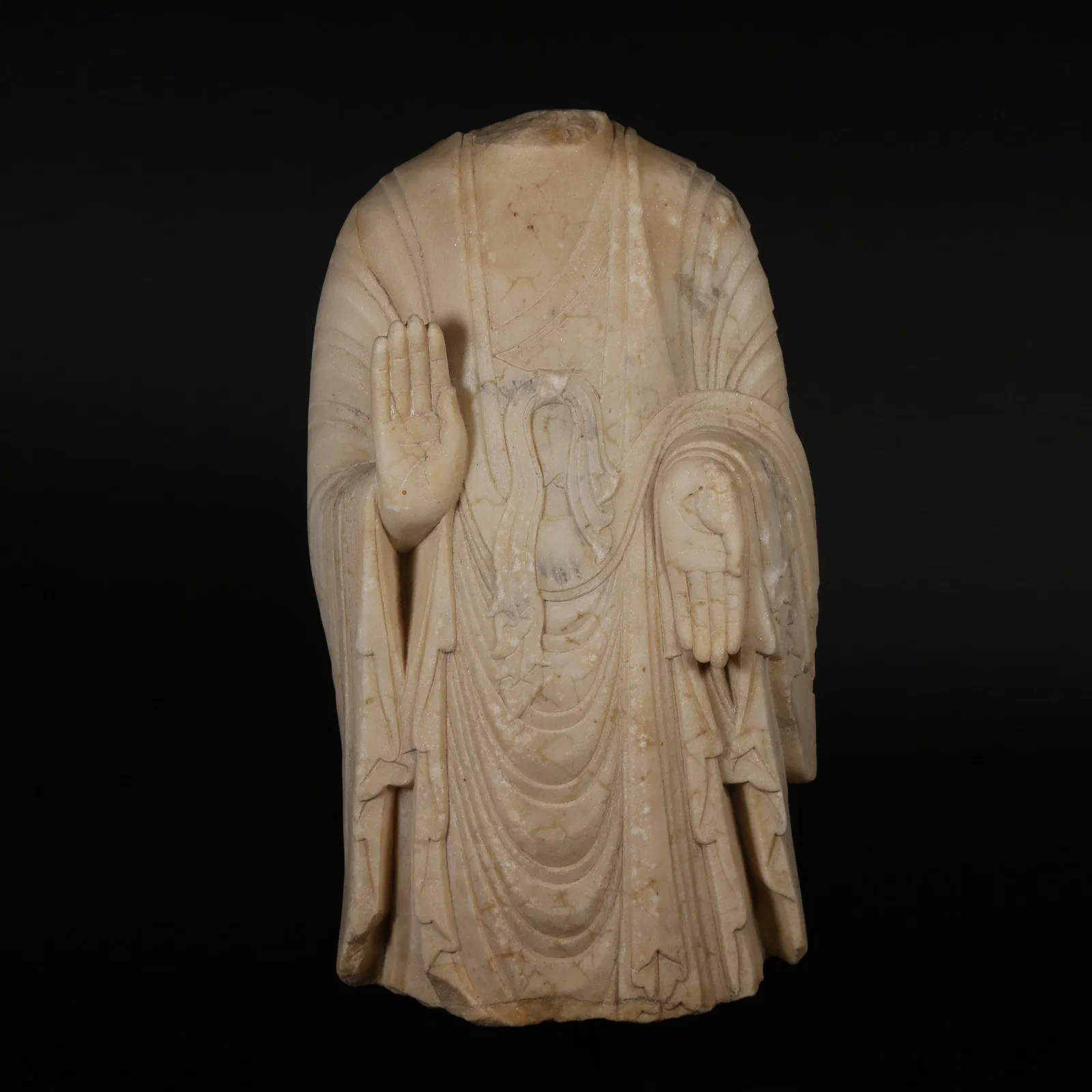 A POLISHED WHITE MARBLE BUDDHA BODY