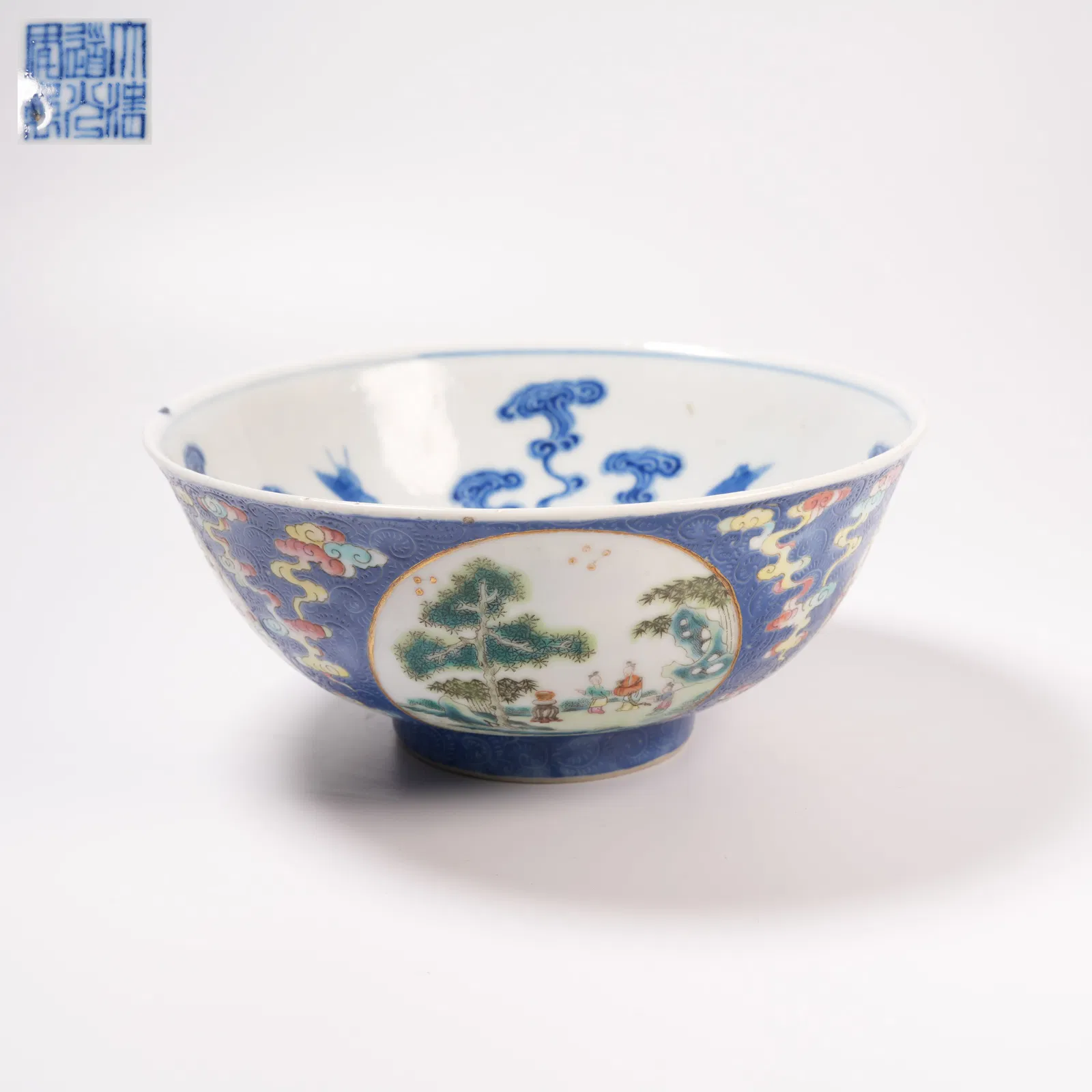 A POWDER-BLUE GROUND "ANHUA" BOWL WITH FAMILLE-ROSE FIGURE STORY PANELS