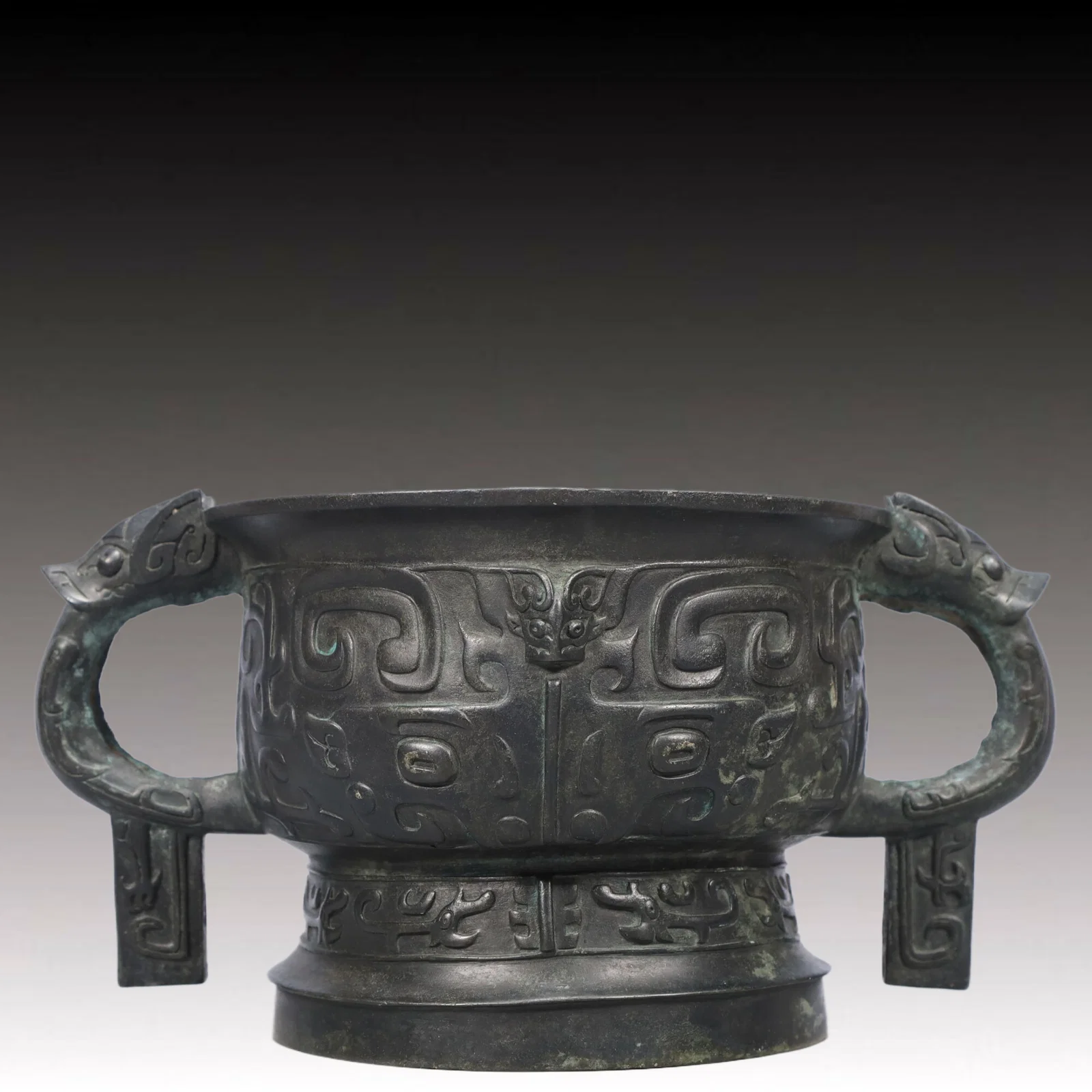 A Precious Bronze Beast-Face Pattern Double-Ears Censer,With Inscription