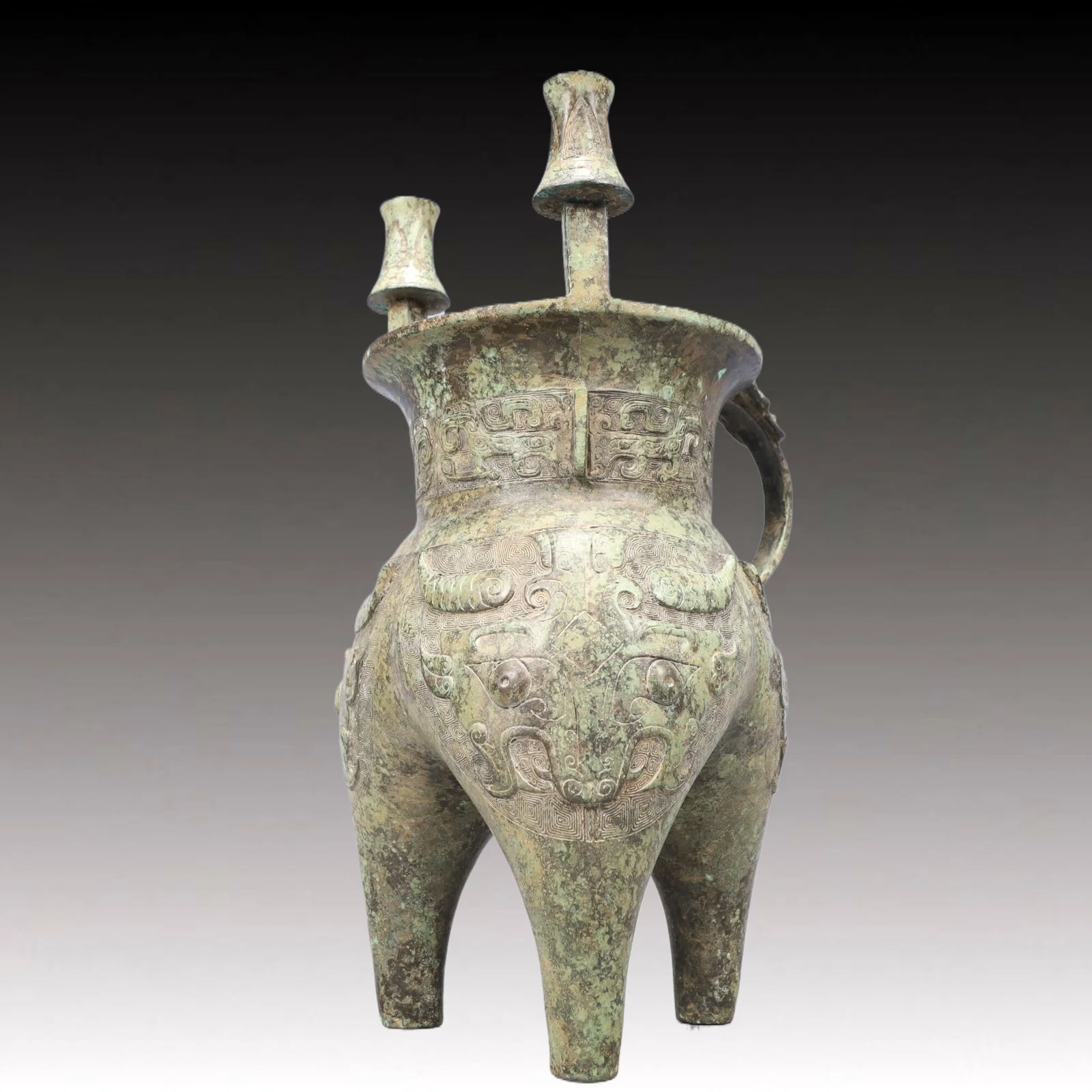 A Precious Bronze Beast-Face Pattern Tripod Goblet,With Inscription