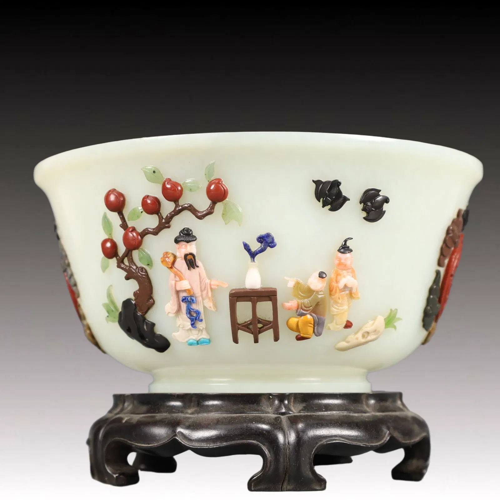 A Precious White Jade Inlaid Gems Character and Story Pattern Bowl
