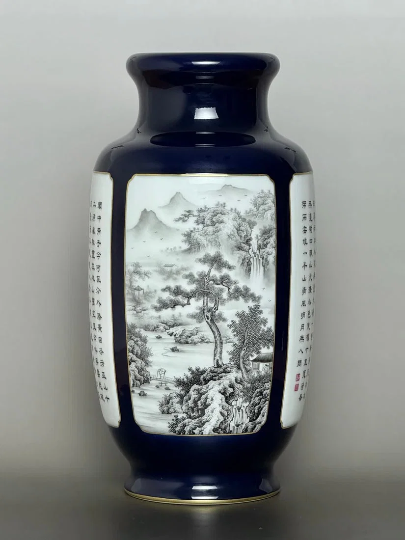 A Qianlong year sacrificial blue and gilded ink color landscape poem opening window roll lantern