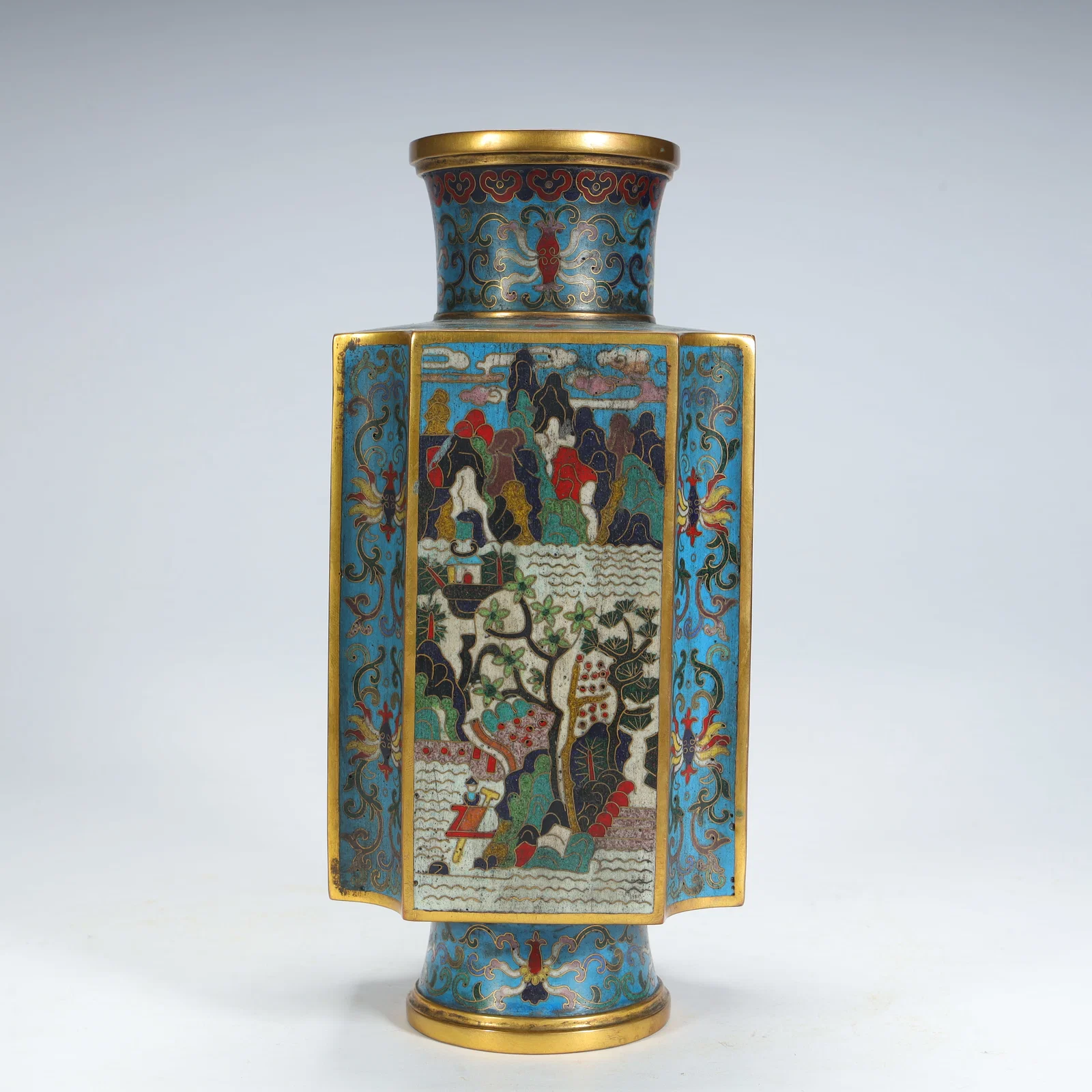 A Qing Dynasty copper cloisonn é enamel landscape pattern square bottle