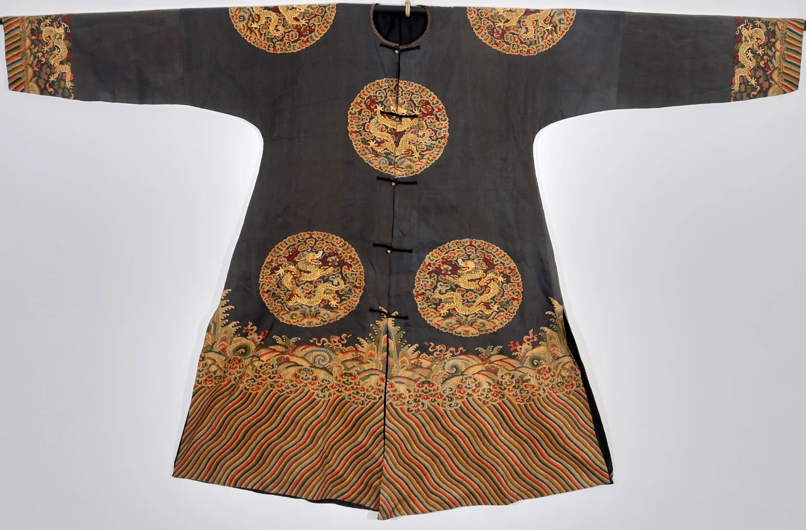 A QING DYNASTY STONE-BLUE GROUND EIGHT-DRAGON PATTERN CEREMONIAL ROBE (OR DRAGON ROBE)