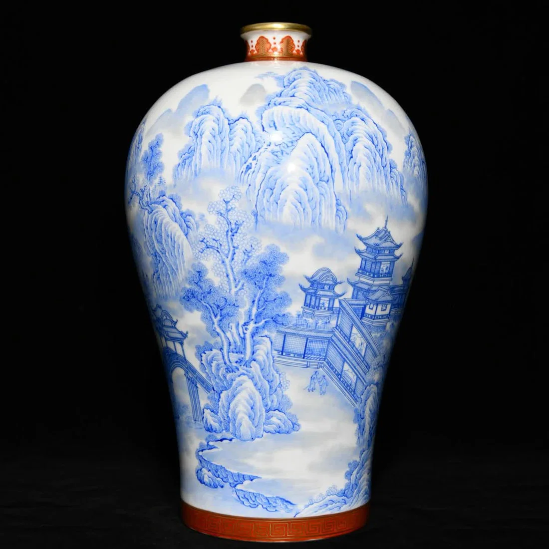 A Qing Yongzheng sapphire blue landscape figure pattern plum bottle