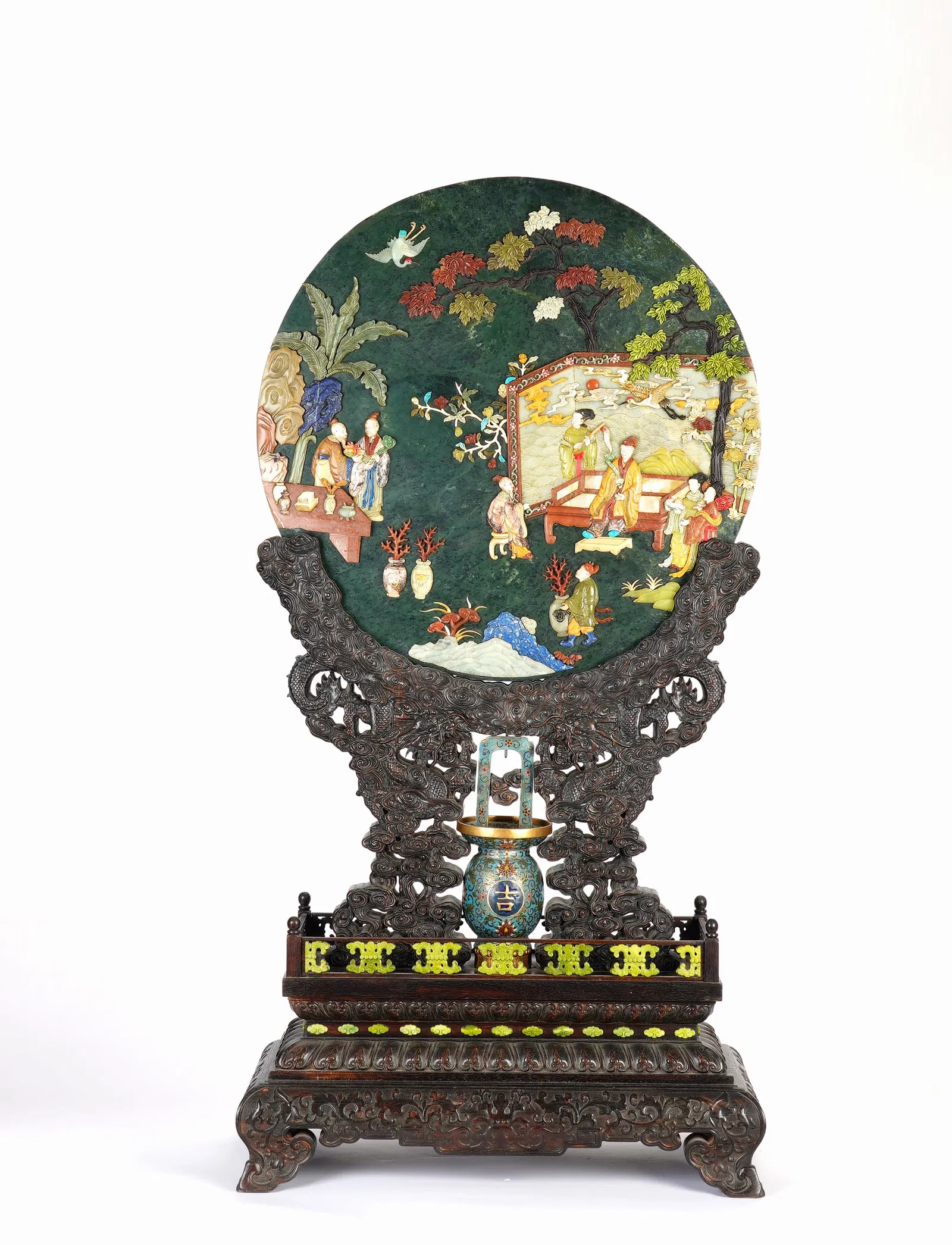 A RARE AND FINE HARDSTONES INLAID JADE PLAQUE TABLE SCREEN