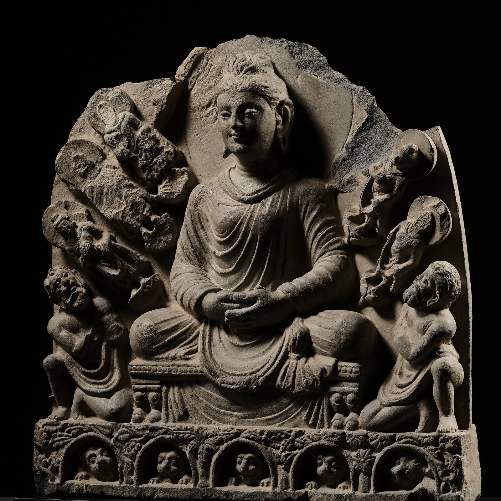A RARE AND IMPORTANT GRAY SCHIST PANEL OF BUDDHA PERFORMING SELF-MULTIPLICATION, ANCIENT REGION OF