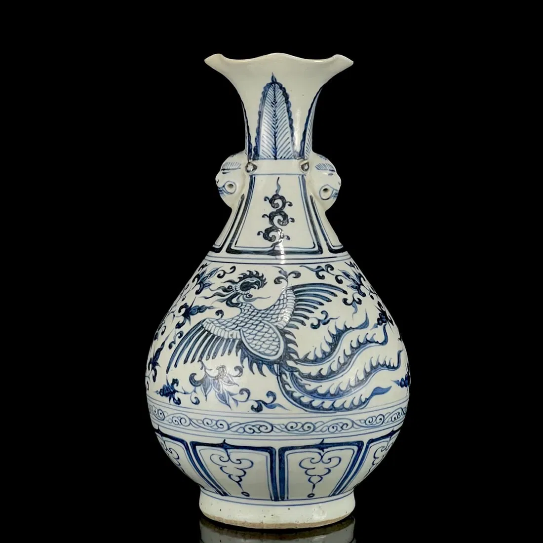 A Rare Blue and White Lotus,Kylin and Phoenix Pattern Beast-Ears Vase