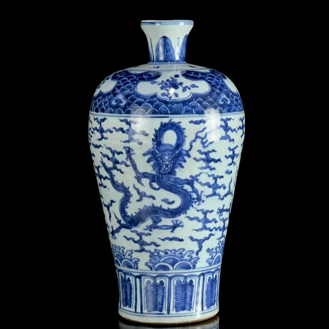 A Rare Blue and White Seawater,Auspicious Cloud and Dragon Pattern Vase