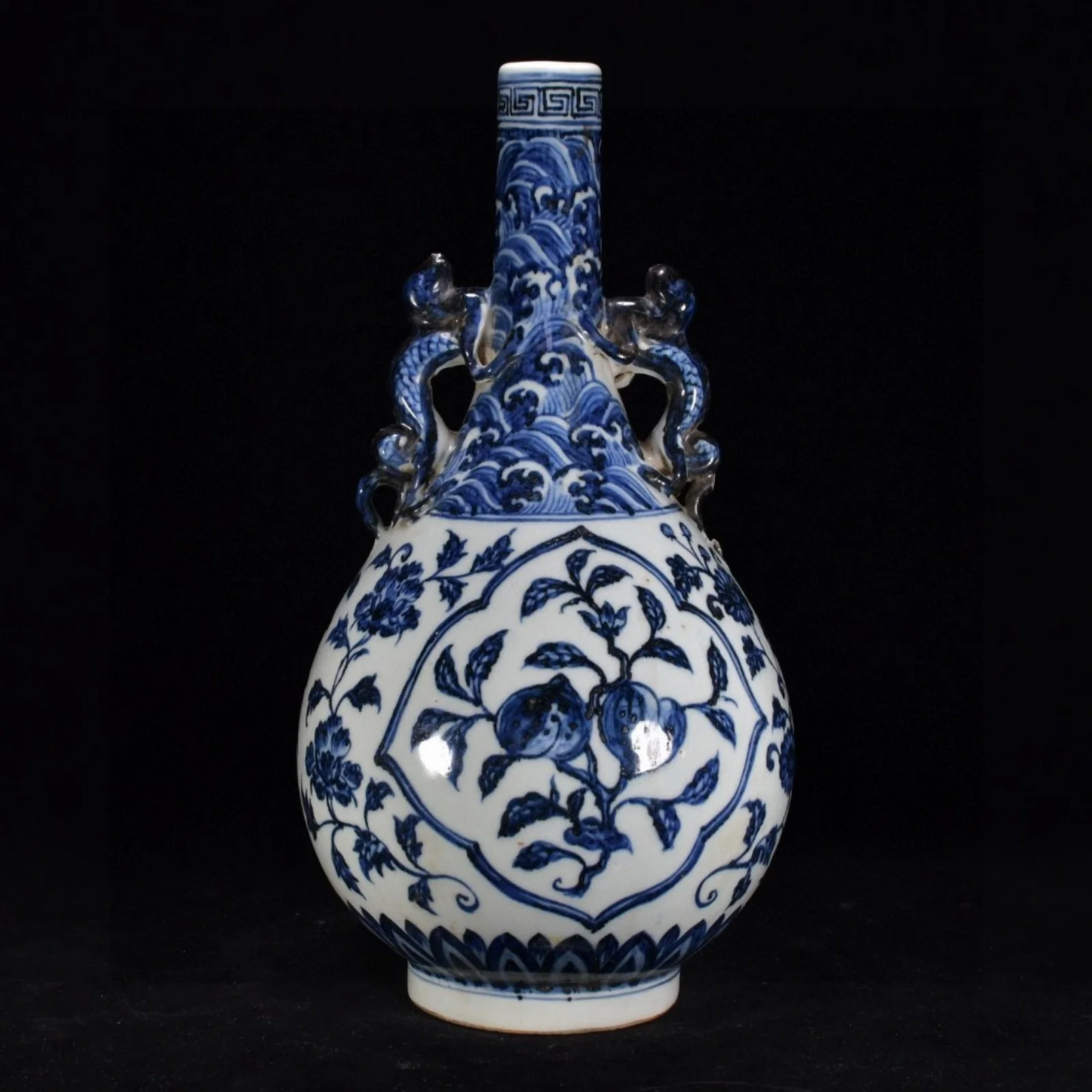 A Rare Blue and White Seawater Flower and Fruit Pattern Dragon-Ears Vase
