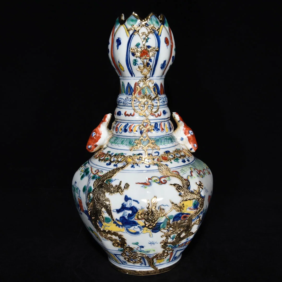 A Rare Blue and White Wucai Covered silver-gilt Character and Story Pattern Beast-Ears Vase