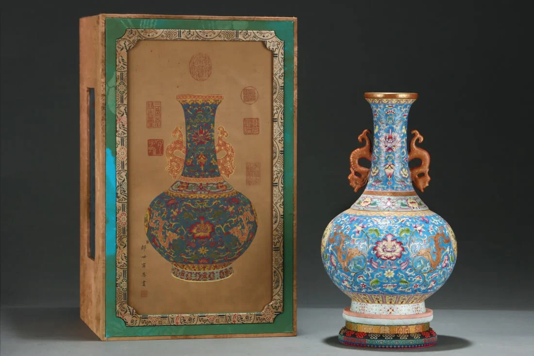 A Rare Blue Ground Famille-Rose Lotus and Dragon Pattern Double-Ears Vase