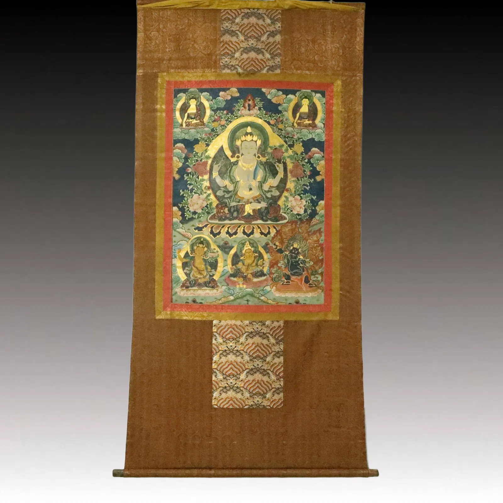 A Rare Brocade Painted Color Four-arms Statue of Avalokitesvara Tangka