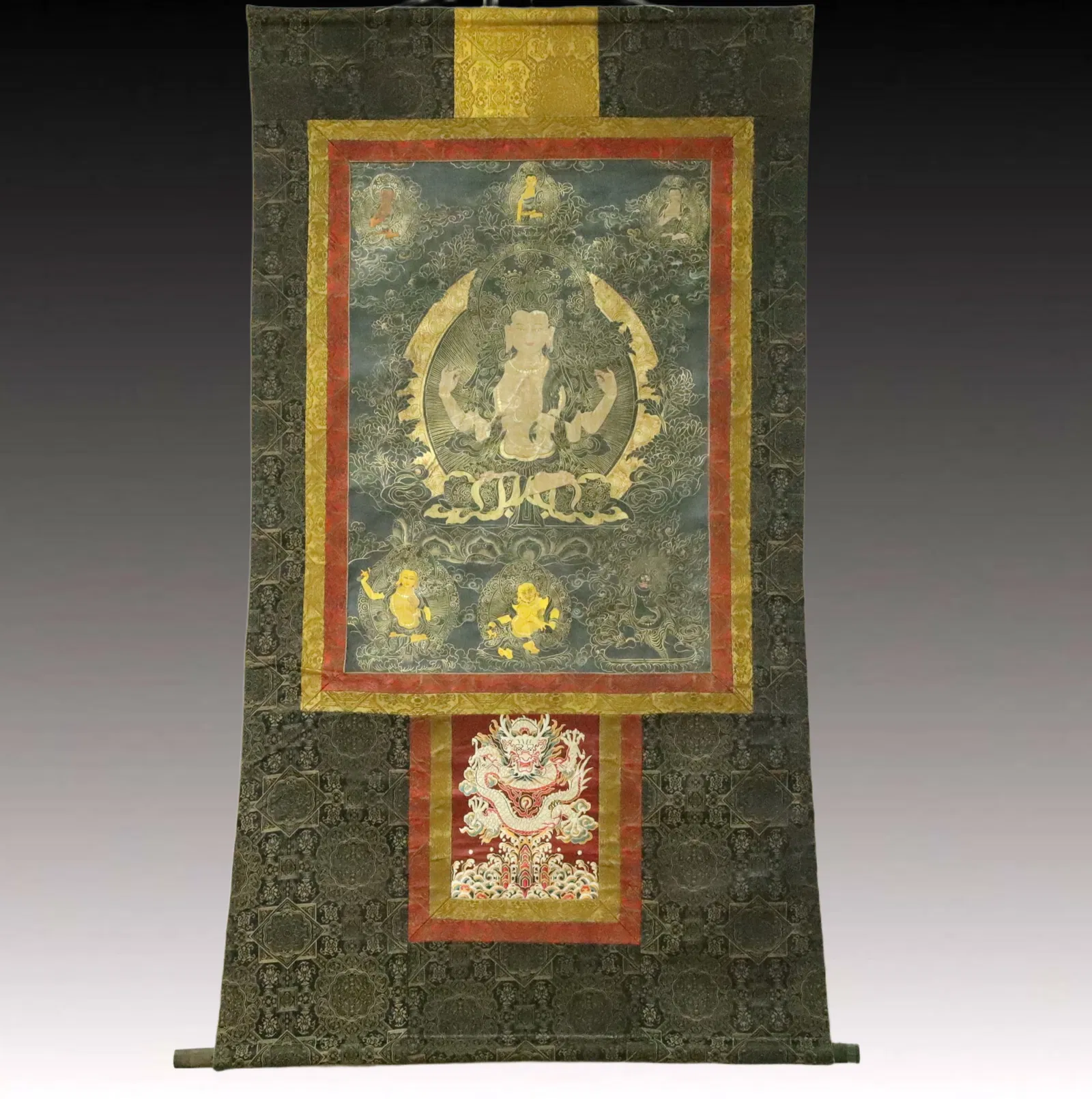 A Rare Brocade Painted Color Statue of Four-Armed Guanyin Tangka