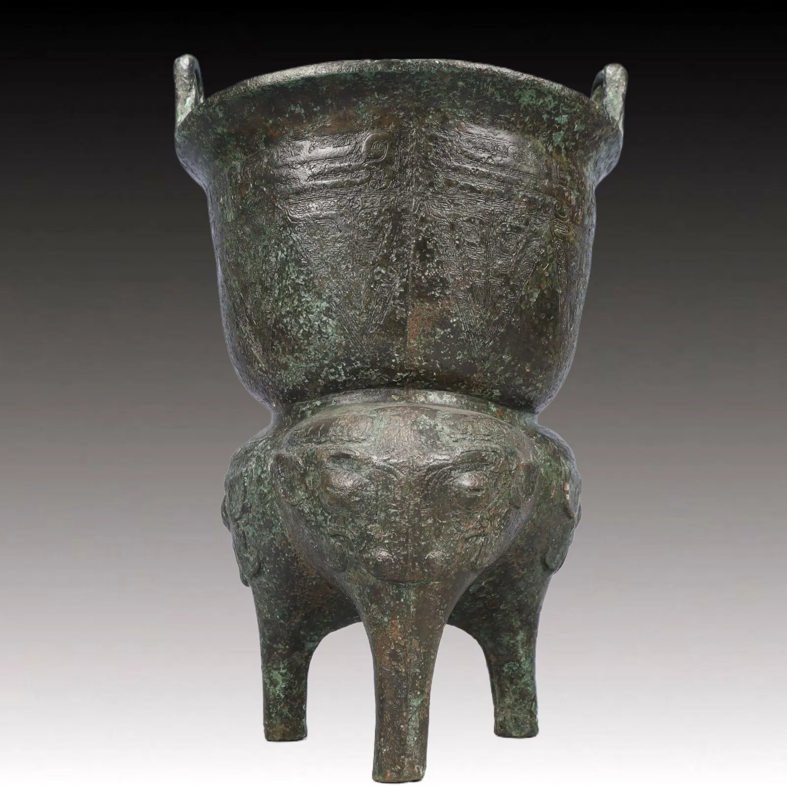 A Rare Bronze Beast-Face Pattern Double-Ears and Tripod Censer,With Inscription
