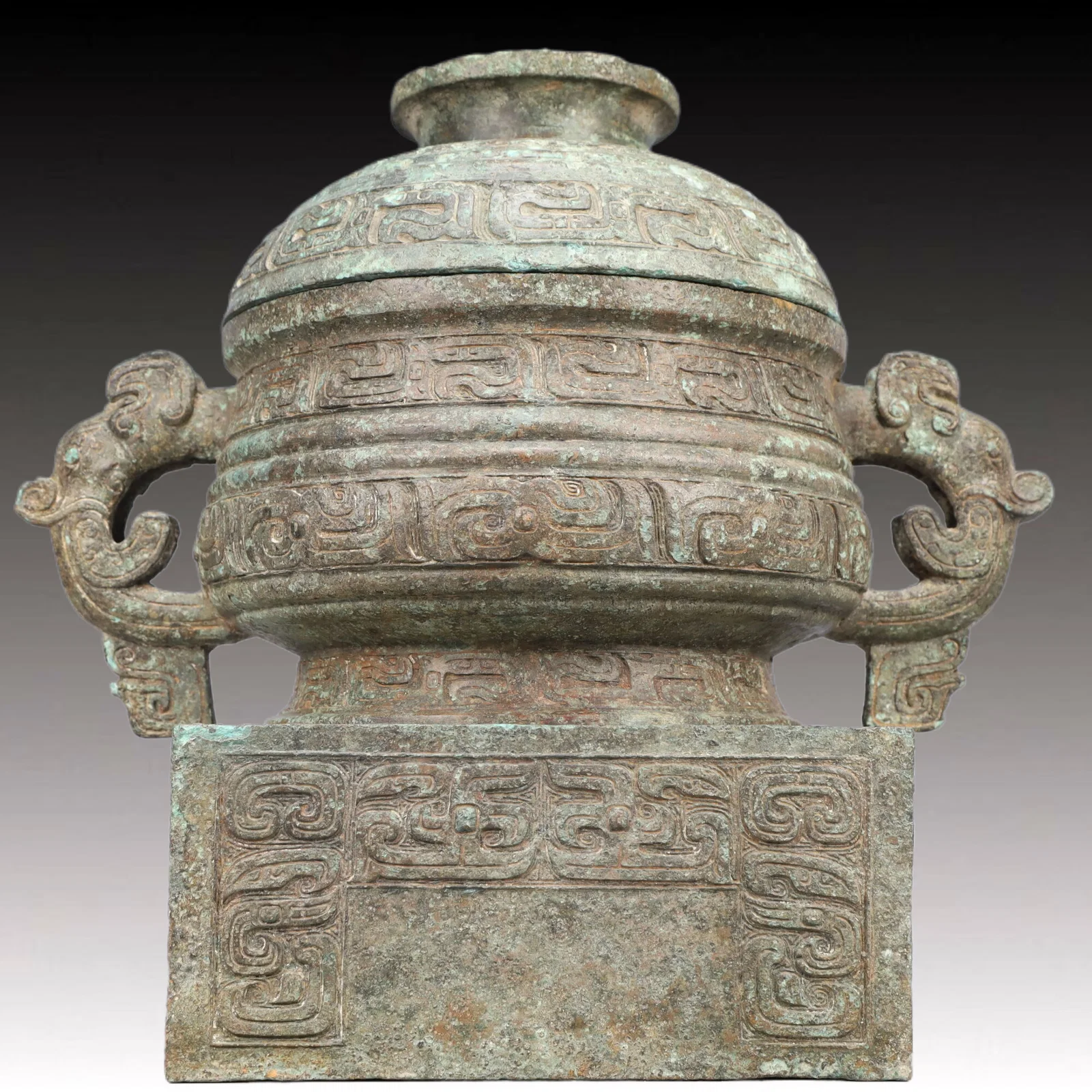 A Rare Bronze Chi-Dragon Pattern Double-Ears Censerwith Cover