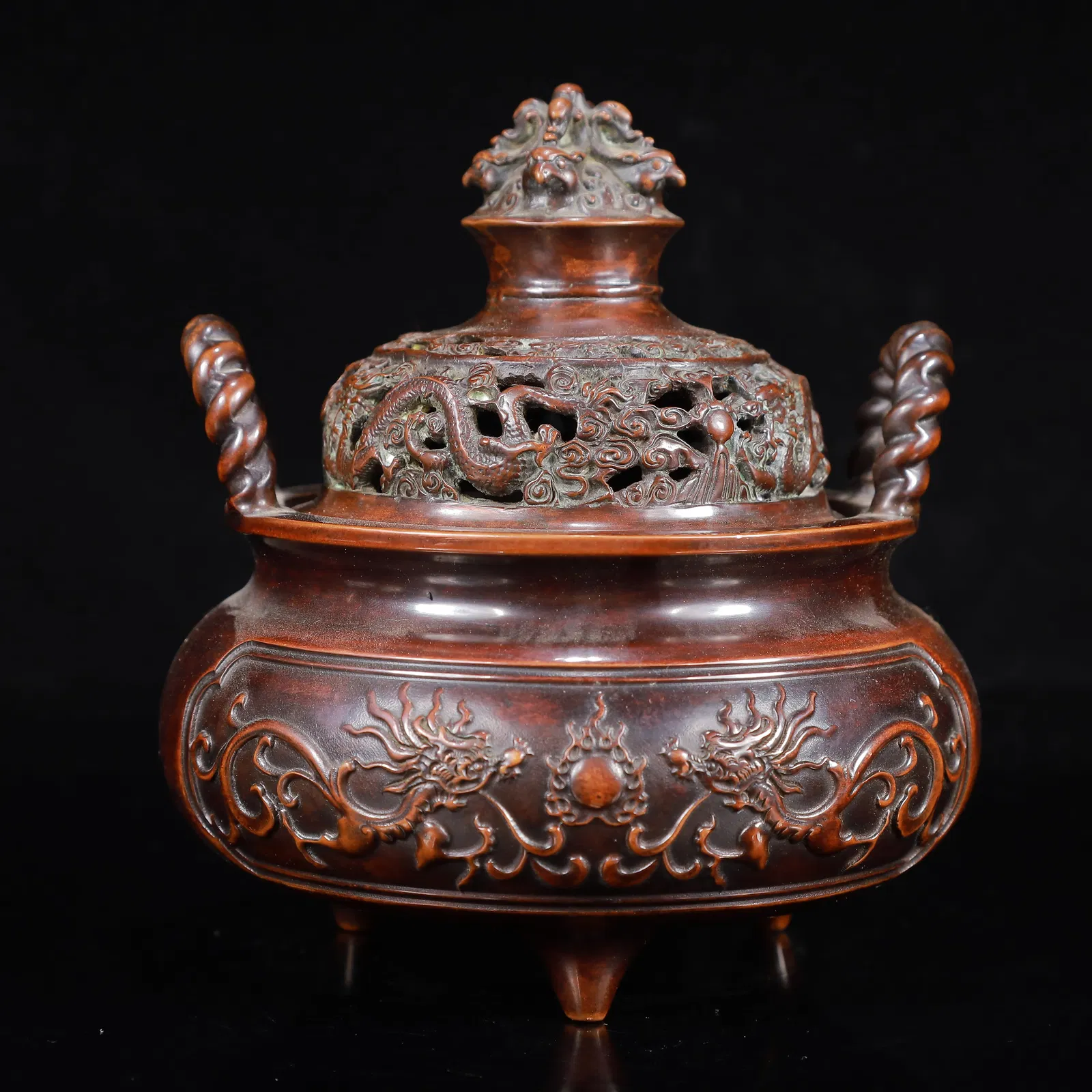 A Rare Bronze Dragon Pattern Double-Ears and Tripod Censer
