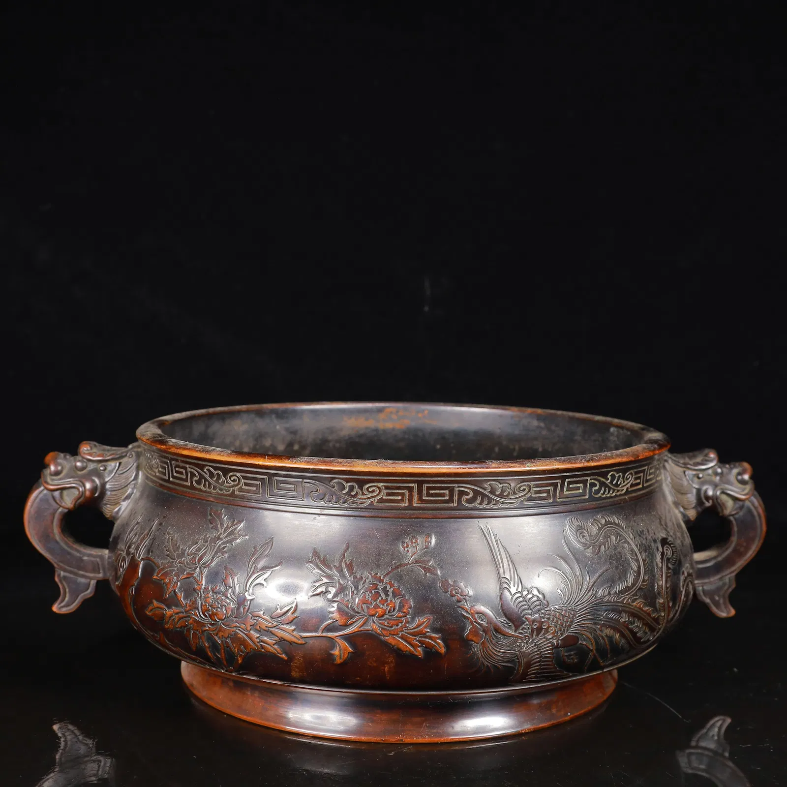 A Rare Bronze Flower and Phoenix Pattern Double-Ears Censer