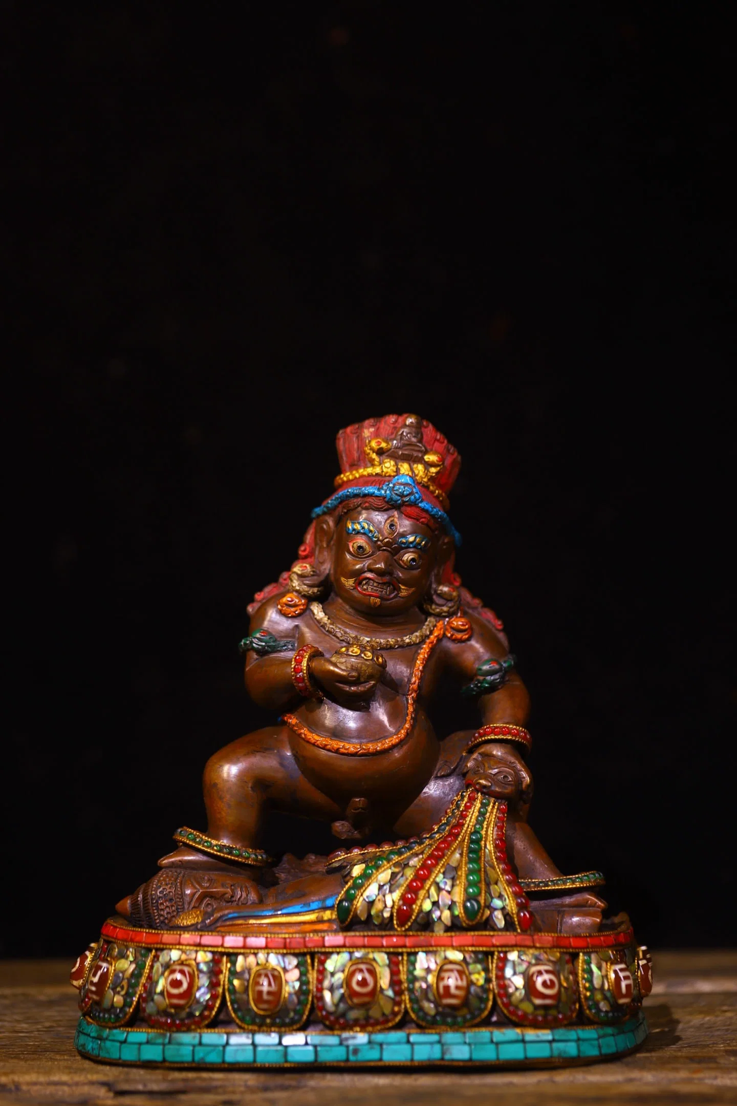 A Rare Bronze Inlaid Dzi Bead and Turquoise Statue of Mammon