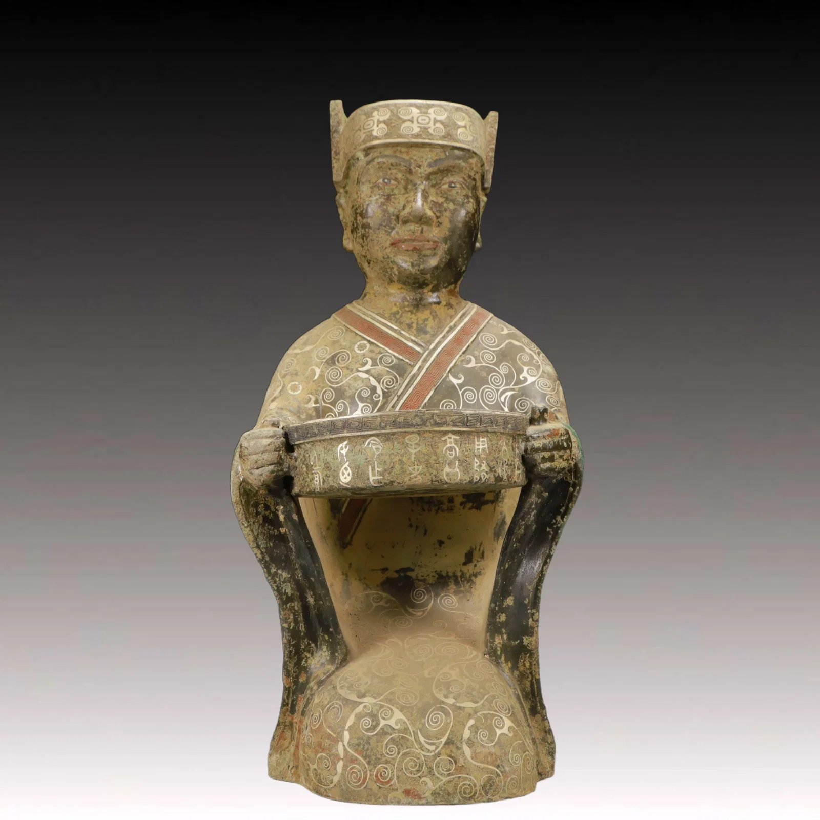 A Rare Bronze Inlaid Silver Figure Candlestick,With Inscription