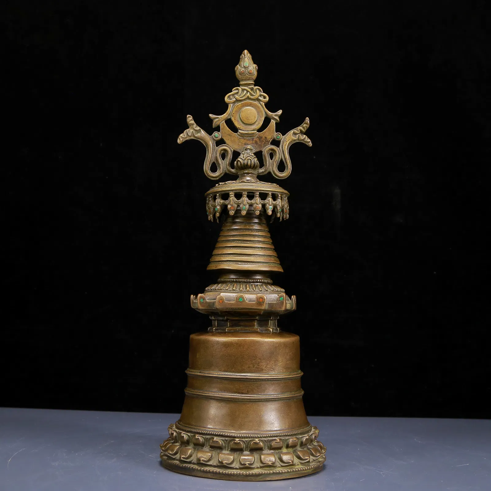 A Rare Bronze Inlaid Turquoise Pagoda