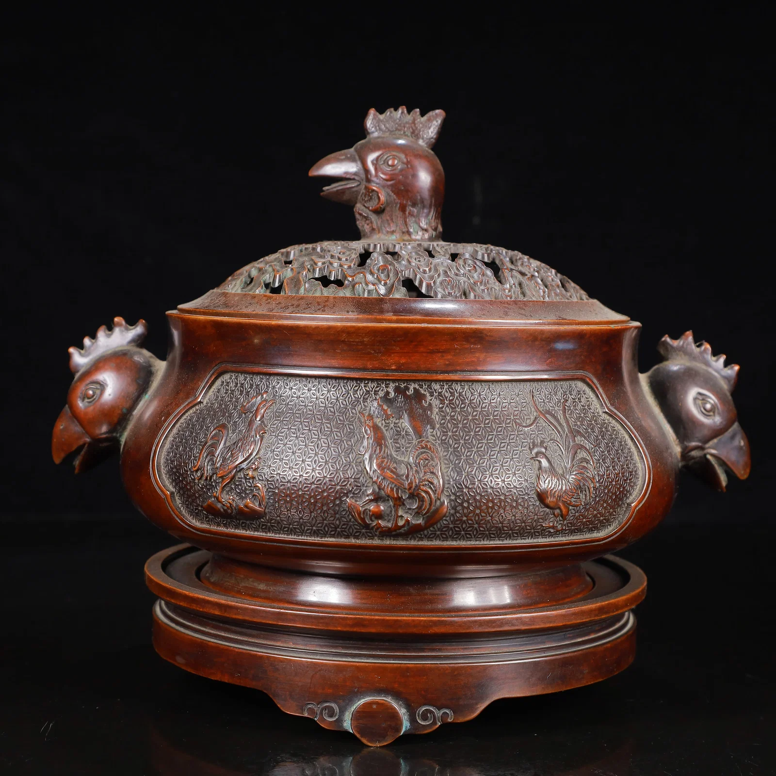 A Rare Bronze Rooster Pattern Double-Ears Censer