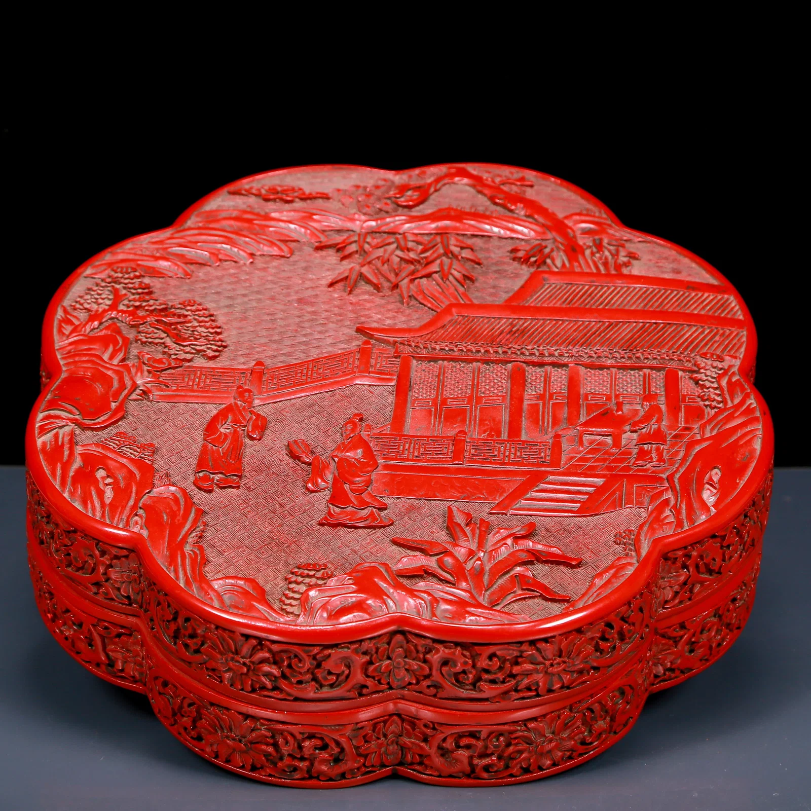 A Rare Carved Red Lacquer Character and Story Pattern Box
