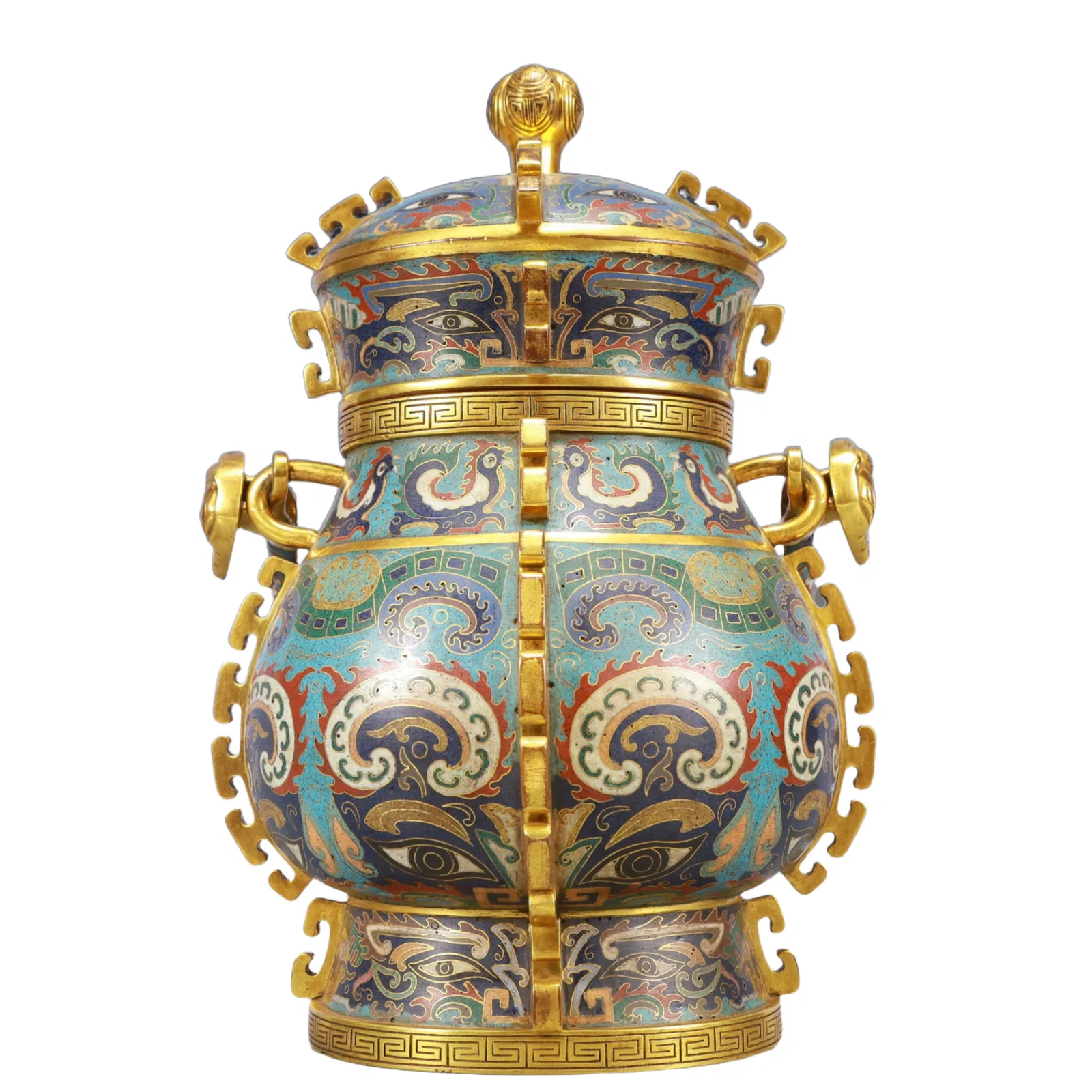 A Rare Cloisonne Beast-Face Pattern Double-Ears Jar, With Cover