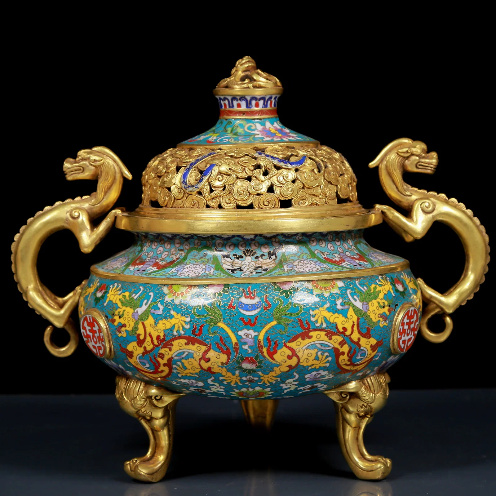A Rare Cloisonne Dragon Pattern Double-Ears Censer